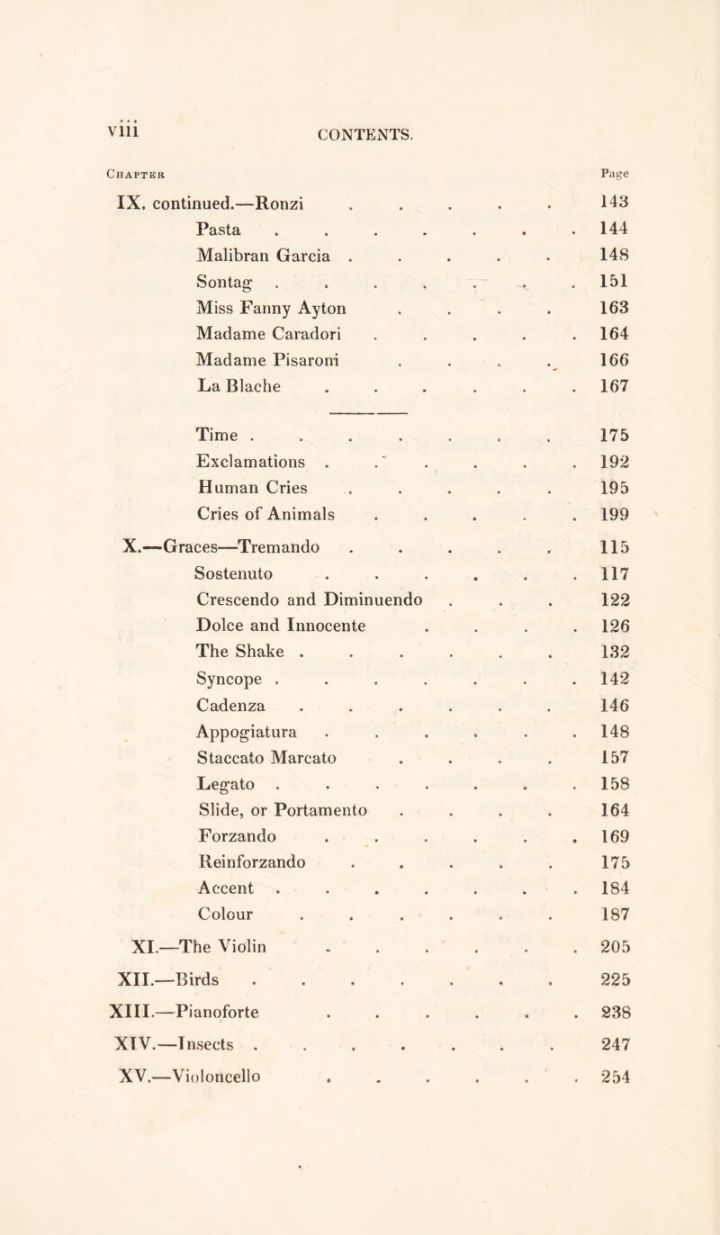 via Chapter Page IX. continued.—Ronzi • • • • 143 Pasta • • • • 144 Malibran Garcia . • • • • 148 Sontag • • • 151 Miss Fanny Ayton • ♦ • » 163 Madame Caradori • • • • 164 Madame Pisaroni • • • • 166 La Blache * • • » 167 Time . • • • • 175 Exclamations . • • • » 192 Human Cries * * » • 195 Cries of Animals • • • • 199 X.—Graces—1Tremando • • • * 115 Sostenuto • • • » 117 Crescendo and Diminuendo 122 Dolce and Innocente • • • • 126 The Shake . • • • • 132 Syncope . • • • • 142 Cadenza • • • • 146 Appogiatura • ® • • 148 Staccato Marcato • • • • 157 Legato • • ® • 158 Slide, or Portamento • • • • 164 Forzando • • • • 169 Reinforzando » • • • 175 Accent • • » • 184 Colour • • ♦ • 187 XL—The Violin • • • • 205 XII.—Birds • • • • 225 XIII.—Pianoforte • • • • 238 XIV.—Insects . • • • • 247 XV.—Violoncello • • • • 254