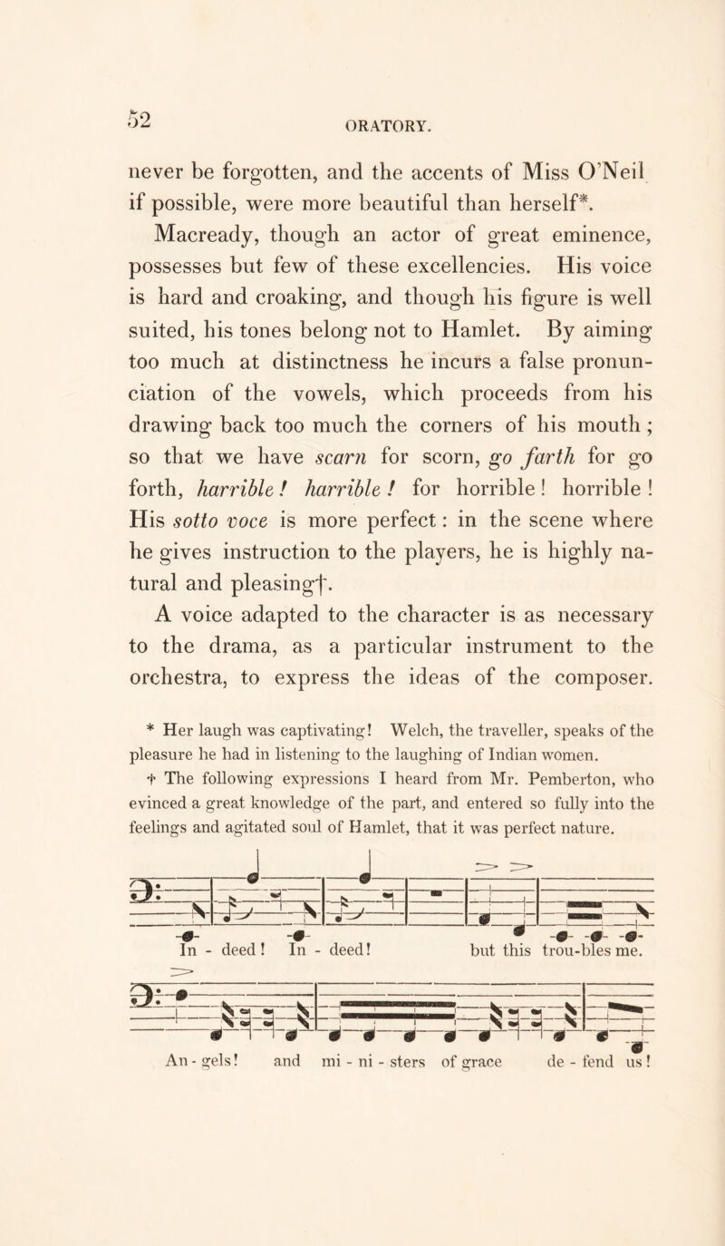 ORATORY. never be forgotten, and the accents of Miss O’Neil if possible, were more beautiful than herself*. Macready, though an actor of great eminence, possesses but few of these excellencies. His voice is hard and croaking, and though his figure is well suited, his tones belong not to Hamlet. By aiming too much at distinctness he incurs a false pronun- ciation of the vowels, which proceeds from his drawing back too much the corners of his mouth ; so that we have scam for scorn, go farth for go forth, harrible! harriblc ! for horrible! horrible ! His sotto voce is more perfect: in the scene where he gives instruction to the players, he is highly na- tural and pleasing^. A voice adapted to the character is as necessary to the drama, as a particular instrument to the orchestra, to express the ideas of the composer. * Her laugh was captivating! Welch, the traveller, speaks of the pleasure he had in listening to the laughing of Indian women. f The following expressions I heard from Mr. Pemberton, who evinced a great knowledge of the part, and entered so fully into the feelings and agitated soul of Hamlet, that it was perfect nature. - . _ .... „ . J w _ s ^ N 1 v 1 ' 1 \ 1 J w ... n • -J In - deed! In - deed! but this trou-bles me. O:-*-.—r- L <sr i l 1 V J 0 0 0 0 0  1 1 ItLf $ 0- 0 j An - gels! and mi - ni - sters of grace de - fend us !