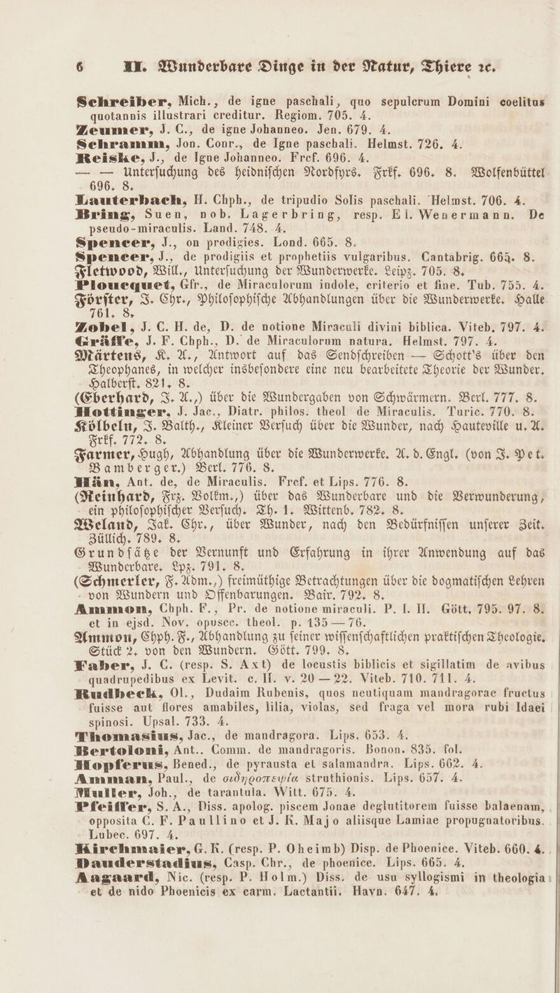 Schreiber, Mich., de igne paschali, quo sepulerum Domini coelitus quotannis illustrari ereditur. Regiom. 705. 4. Zeumer, J.C., de igne Johanneo. Jen. 679. A. Schramma, Jon. Conr., de Igne paschali. Helmst. 726. 4. Meiske, J., de Igue Jonanneo. Fref. 696. 4. — — Unterfuhung des heidnifchen Nordfyrs, Frff, 696. 8. Wolfenbüttel 696. 8. Lauterbach, H. Chph., de tripudio Solis paschali. ‘Helmst. 706. 4. Bring, Suen, nob. Lagerbring, resp. Ei. Wenermann. De pseudo-miraculis. Land. 748. A. Spencer, J., on prodigies. Lond. 665. 8. Spencer, J., de prodigiis et prophetiis vulgaribus. Cantabrig. 665. 8. Fletwood, Will., Unterfuchung der Wunderwerke. Leipz. 705. 8, Plouequet, Gfr., de Miraculorum indole, eriterio et fine. Tub. 755. 4. Förfter, I. Chr, Phitofophifche Abhandlungen über die Wunderwerke, Halle 761. &amp; Zobel, J.C.H. de, D. de notione Miraeuli divini biblica. Viteb, 797. 4. Gräffe, J. F. Chph., D. de Miraculorum natura. Helmst. 797. 4. Märtens, K, %., Antwort auf das Sendfchreiben — Schott's tiber den Theophanes, in welcher insbefondere eine neu bearbeitete Theorie der Wunder, Halberfi, 821, 8, (Eberhard, 3: %,,) über die Wundergaben von Schwärmern. Berl. 777, 8. Hottinger, J. Jac., Diatr. philos. theol de Miraeulis. Turie. 770. 8. Kölbeln, 3. Balth., Kleiner VBerfuch über die Wunder, nad) Hauteville u. U. SU. 772.28, ; Farmer, Hugh, Abhandlung über die Wunderwerke, A, d. Engl, (von 3. Pet. Bamberger.) Berl. 776. S. WHän, Ant. de, de Miraculis. Fref. et Lips. 776. 8. (NHeinhard, Trz. VBolkm,,) über das Wunderbare und die Verwunderung, - ein philofophifher Verfuhh. Th. 1, Wittenb, 782, &amp; Peland, Sal. Chr,, über Wunder, nad) den Bedürfniffen unferer Zeit, Züllid. 789, 8, Grundfäge der Vernunft und Erfahrung in ihrer Anwendung auf das Wunderbare, Lpz. 791, 8, (Schmerler, 5. Adm.,) freimüthige Betrachtungen über die dogmatifchen Lehren von Wundern und Offenbarungen. Bair. 792%, 8 Ammon, Cbph. F., Pr. de notione miraceuli. P. I. I. Gött. 795. 97. 8. et in ejsd. Nov. opusce. theol. p. 135 — 76. Hnmon, Shph. F., Abhandlung zu feiner wifjenfchaftlichen praktifchen Theologie, Stüd 2. von den Wundern, Gött, 799. 8, Faber, J. C. (resp. S. Axt) de locustis biblieis et sigillatim de avibus quadrupedibus ex Levit. ce. II. v. 20 — 22. Viteb. 710. 7il. 4. KRudbeck, Ol., Dudaim Rubenis, quos neutiguam mandragorae fructus fuisse aut flores amabiles, lilia, violas, sed fraga vel mora rubi Idaei spinosi. Upsal. 733. 4. Thomznsäuns, Jac., de mandragora. Lips. 653. 4. Bertoloni, Ant.. Comm. de mandragoris. Bonon. 835. fol. BHopferuns, Bened., de pyrausta ei salamandra. Lips. 662. 4. Anmmmmzam, Paul., de osdngorewia struthionis. Lips. 657. 4. Muller, Joh., de tarantula. Witt. 675. A. Pfeiffer, S. A., Diss. apolog. piscem Jonae deglutitorem fuisse balaenam, |, opposita C. F. Paullino et J. R. Majo aliisque Lamiae propugnatoribus. Lubee. 697. 4. | Kirchmaier,G.R. (resp. P. Oheimb) Disp. de Phoenice. Viteb. 660. 4. Dauderstadius, Casp. Chr., de phoenice. Lips. 665. 4. | Aagaard, Nic. (resp. P. Holm.) Diss. de usu syllogismi in theologia ı | et de nido Phoenicis ex carm. Lactantii. Havn. 647. % |