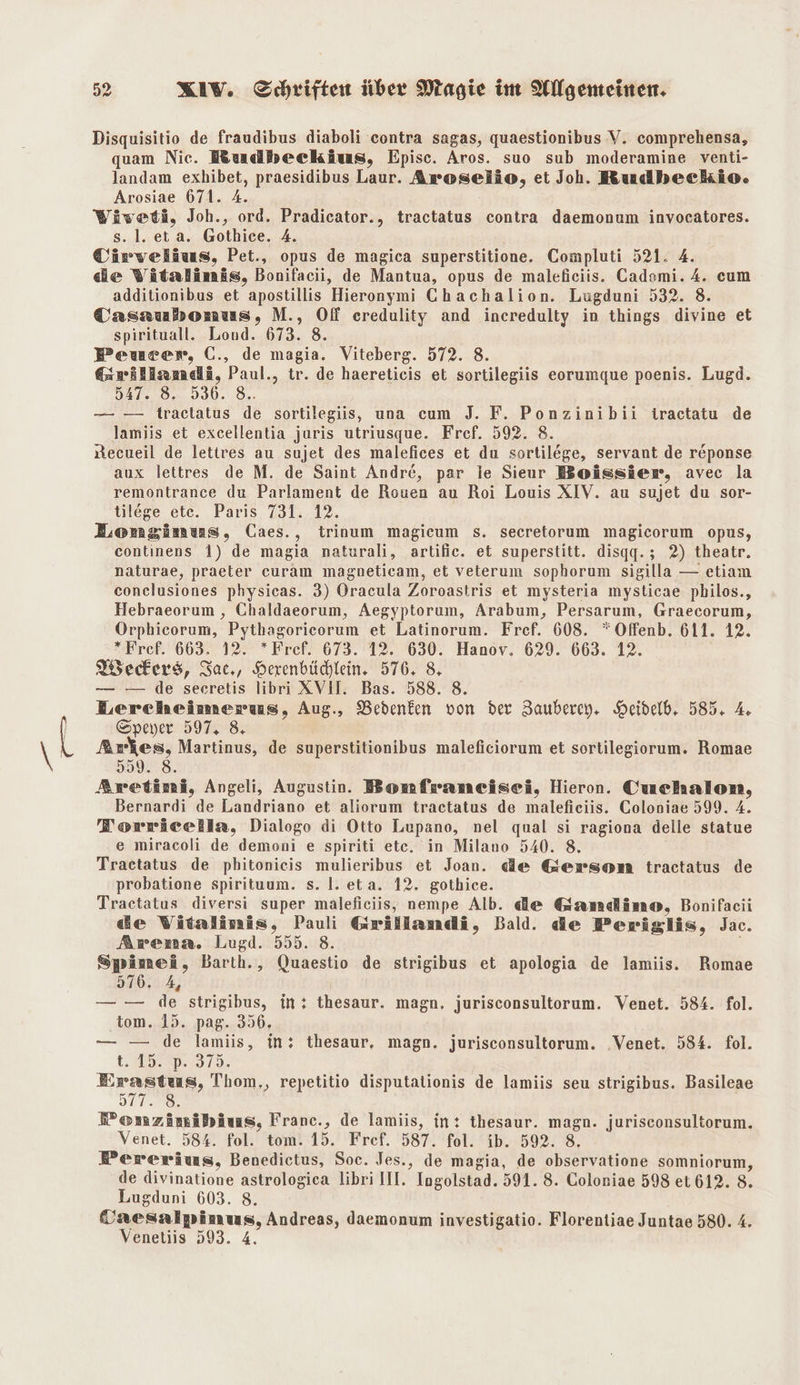 Disquisitio de fraudibus diaboli contra sagas, quaestionibus V. comprehensa, quam Nic. Rudbeckius, Episc. Aros. suo sub moderamine venti- landam exhibet, praesidibus Laur. Aroselio, et Joh. Rudbheeckie. Arosiae 671. A. Wivwetä, Joh., ord. Pradicator., tractatus contra daemonum invocatores. s.l. et a. Gothice. 4. Cirvelius, Pet., opus de magica superstitione. Compluti 521. 4. de Vitalimäs, Bonifacii, de Mantua, opus de malefieiis. Cadomi. 4. cum additionibus et apostillis Hieronymi Chachalion. Lugduni 532. 8. Casaubomus, M., Off credulity and incredulty in things divine et spirituall. Lound. 673. 8. Peueerw, C., de magia. Viteberg. 572. 8. Gwilinundä, Paul., tr. de haereticis et sortilegiis eorumque poenis. Lugd. 34128. 990. 8, — — traclatus de sortilegiis, una cum J. F. Ponzinibii iractatu de lamiis et excellentia juris utriusque. Fref. 592. 8. tecueil de lettres au sujet des malefices et du sortilege, servant de r&amp;ponse aux lettres de M. de Saint Andre, par le Sieur Boissier, avec la remontrance du Parlament de Rouen au Roi Louis XIV. au sujet du sor- tilege ete. Paris 731. 12. Homgämuns, Caes., trinum magicum s. secretorum magicorum opus, continens 1) de magia naturali, artific. et superstitt. disgq.; 2) theatr. naturae, praeter curam magneticam, et veterum sophorum sigilla — etiam conclusiones physicas. 3) Oracula Zoroastris et mysteria mysticae philos., Hebraeorum , Chaldaeorum, Aegyptorum, Arabum, Persarum, Graecorum, Örphicorum, Pythagoricorum et Latinorum. Fref. 608. Offenb, 611. 12. *Fref. 663. 12. *Fref. 673. 12. 630. Hanov. 629. 663. 12. eckers, Sae., Herenbüchlein. 576. 8, — — de seeretis libri XVII. Bas. 588. 8. Lercheimerws, Aug., Bedenken von der Zauberey. Heidelb, 585. 4 Speyer 597, &amp; Arkes, Martinus, de superstitionibus maleficiorum et sortilegiorum. Romae 539. 8. Aretimi, Angeli, Augustin. Bonfraneisei, Hieron. Cuchalon, Bernardi de Landriano et aliorum tractatus de malefieiis. Coloniae 599. 4. Torriceila, Dialoge di Otto Lupano, nel qual si ragiona delle statue e miracoli de demoni e spiriti ete. in Milano 540. 8. Traetatus de phitonieis mulieribus et Joan. de Gerson tractatus de probatione spirituum. s. l. eta. 12. gothice. Traetatus diversi super maleficiis, nempe Alb. de Gandimeo, Bonifacii de Vitalimis, Pauli Grillamndi, Bald. de Periglis, Jac. Arena. Lugd. 555. 8. Spämeäi, Barth., Quaestio de strigibus et apologia de lamiis. Romae 576. 4, — — de strigibus, in: thesaur. magn, jurisconsultorum. Venet. 584. fol. tom. 15. pag. 356. — — de lamiis, in: thesaur, magn. jurisconsultorum. ‚Venet. 584. fol. t. 1.9200. 975. Erastens, Thom,, repetitio disputationis de lamiis seu strigibus. Basileae INT INS: Pomzämäbbäuss, Franc., de lamiis, in: thesaur. magn. jurisconsultorum. Venet. 58%. fol. tom. 15. Fref. 587. fol. ib. 592. 8. Pererius, Benedictus, Soc. Jes., de magia, de observatione somniorum, de divinatione astrologica libri III. Ingolstad. 591. 8. Coloniae 598 et 612. 8. Lugduni 603. 8. Caesalpimuss, Andreas, daemonum investigatio. Florentiae Juntae 580. 4. Venetiis 593. 4.
