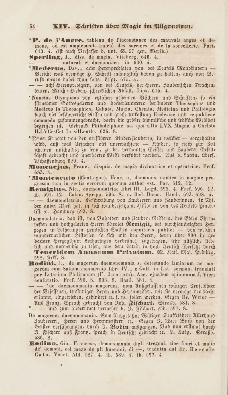 pP, de VAnecre, tableau de l’inconstance des mauvais anges et de- mons, ou est amplement-traicte des sorciers et de la sorcellerie. Paris 613. 4. (ift auch Verfaffer d. unt, ©. 57 gen, Werks.) Sperling, J., diss. de magia. Viteberg. 646. 4. — — — — naturali et daemoniaca. ib. 630. A. Mederus, Dav., act Herenpredigten von des Teufels Mondkindern — Bericht was vermöge H. Schrift männiglic davon zu halten, au) von Bes ruf wegen dabei thun folle. Leipg. 675. 4 | — — acht Herenpredigten, von des Zeufels, der Deren, Zauberifhen Drachen leuten, Milch = Dieben, fchreklichen Abfall. Lips. 615. A. *Nuneius Olympieus von eslichen geheimen Büchern und Schriften, fo ein fürnehmer Oottesgelerter und bhocherleuchteteer berümbter Theosophus und Medicus in Theosophica, Cabala, Magia, Chemia, Medieina und Philologia durch viel befchwerliche Reifen und große Unfoftung Ecelesiae und reipublicae commodo zufammengebracdht, darin die größte himmlifche und irdifche Weisheit begriffen ift. Gebrudt Philadelphiae ao. quo Clto LVX Magna a Christo ILLVCesCet In silLentlo. 626. 8. *Nemwer Eractat von der verführten KindersZauberey, in welcher — vorgehalten wird, auß was Urfachen viel unerwachlene — Kinder, fo noch zur Zeit fheinen unfchuldig zu feyn, zu der verdamten Geifter und Zauberer Gefell- fhaft gebracht und unerhörter Weife verführt werden, Aus d. Latein, überf, Achaffendurg 629, 4 Moncaejuws, Franc., disquis. de magia divinatrice et operatrice. Fref. 683. 4. *Monmteacuto (Montaigue), Henr. a, daemonis mimica in magiae pro- gressu tum in sectis errorum quorum author est. Par. 612. 12. Bemigius, Nic., daemonolatriae libri III. Lugd. 595. A. Fref. 596. 12. ib. 597. 12. Colon. Agripp. 596. 8. c. Bod. Daem. Hamb. 693. 698. 4. -— — daemonuolatria. Belchreibung von Zauberern und Zauberinnen. Ir Ihl. der ander heil hält in fi) wunderfelgame Hiftorien von des Zeufels Hinter: lift 20. Hamburg 693. 8 Daemonolatria, das ift, von Bnholden und Zauber = Geiftern, des Edlen Ehren veften und hochgelarten Herrn Nicolai Nemigii, des durchlauchtigften Here zogen in 2otheringen peinlichen Sachen cognitoris publiei — von welchen wunderbarlihen SHiftorien fo fi mit den Deren, deren über 800 in ges dachten Hergogthbum Lotharingen verbränet, zugetragen, jeher nüglich, lieb lih und notwendig zu lefen, aus dem Latein in hoch Zeutfch überfest durch en Anmsaevmm Prävateınn. M, Kail, Mai. Privileg. 598, Frff- 8 Bodimi, J., de magorum daemonomania s. detestando lamiarum ac ma- gorum cum Satana commerceio libri IV., e Gall. in Lat. sermon. translati per Lotarium Philiponum (F. Junium). Acc. ejusdem opinionum J. Vieri confutatio. Fref. 590. 8. 603. 8. Basil. 581. 4. — — de daemonomania magorum, vom Außgelaffenen wütigen Zeufelsheer der Befeffenen, Unfinnigen Deren und Herenmeifter, wie fie vermöge der Recht erkannt, eingetrieben, gehindert u. f, w. follen werden. Gegen Dr. Weier — Aus Franz. Sprad gebracht von Soh. Fifehart. Strasb, 581. 8 * — — und zum andernmal vermehrt d, 3. Tilchart, ebd. 591. 8, De magorum daemonomania. Bom Außgelaßne Wütigen Zeuffelsheer Allerhand Zauberern, Heren und Herenmeiftern 20. Gegen I. Wier Bud) von der Geifter verführungen, duch IS. Bodin außgangen, Und nun erfimal durd) on auß Frank. fprah in Teutfche gebracht 20. 2, Ausg. Otraßb. Bodinmo, Gio., Francese, demonomania digli stregoni, cioe fuori et malie de’ demoni, col mezo de gli huomini, di —, tradutta dal Kr. Hercole Cato. Venet, Ald. 587. 4. ib. 589. 4. ib. 592. A.