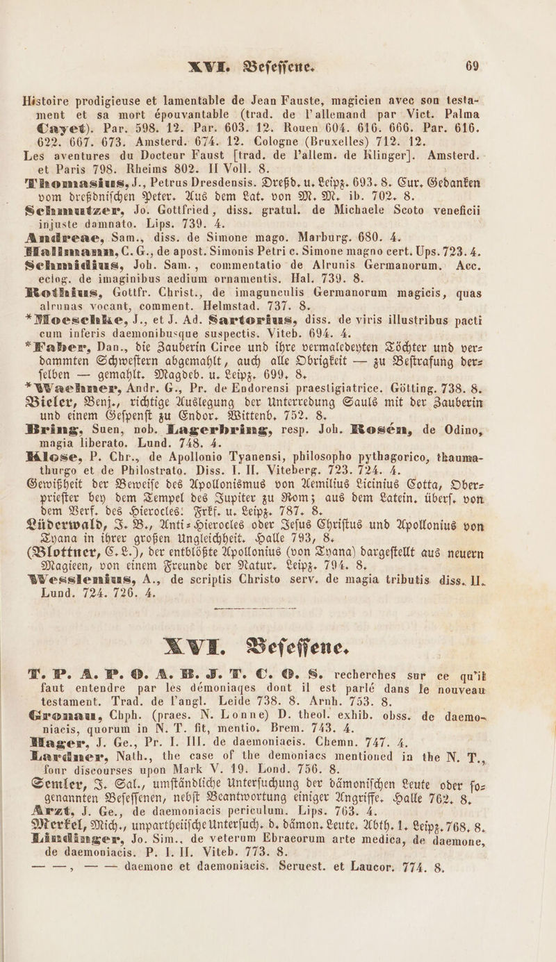 Histoire prodigieuse et lamentable de Jean Fauste, magicien avec son testa- ment et sa mort epouvantable (trad. de l’allemand par Viet. Palma Cayet). Par. 598. 12. Par. 603. 12. Rouen 604. 616. 666. Par. 616. 622. 667. 673. Amsterd. 674. 12. Cologne (Bruxelles) 712. 12. Les aventures du Docteur Faust [trad. de l’allem. de Klinger]. Amsterd. et Paris 798. Rheims 802. II Voll. 8. | Thommsius,)., Petrus Dresdensis. Dreßd, u, Leipz. 693. 8. Eur, Gedanken vom dreßdnifchen Peter, Aus dem Lat. von MM. ib. 702. 8. Schmutzer, Jo. Gottfried, diss. gratul. de Michaele Scoto veneficii injuste damnato. Lips. 739. A. Andreae, Sam., diss. de Simone mago. Marburg. 680. 4. Hallmarnm,C.G.,deapost. Simonis Petri c. Simone magno cert. Ups. 723.4. Schmidäus, Joh. Sam., commentatio de Alrunis Germanorum. Acc. eciog. de imaginibus aedium ornamentis. Hal. 739. 8. MRotkaitas, Gotifr. Christ., de imagunculis Germanorum magicis, quas alrunas vocant, comment. Helmstad. 737. 8. *MHoeschke, J., et J. Ad. Sartorius, diss. de viris illustribus pacti cum inferis daemonibusque suspectis. Viteb. 694. 4. Faber, Dan., die Zauberin Circe und ihre vermaledeyten Töchter und ver: dammten Schweftern abgemahlt, auch alle Obrigkeit — zu Beftrafung ders felben — gemahlt. Magpdeb. u, Leipz. 699, 8, *Waelhmer, Andr. G., Pr. de Endorensi praestigiatrice. Götting. 738. 8. Bieler, Benj., richtige Auslegung der Unterredung Sauls mit der Zauberin und einem Gefpenft zu Endor, Wittenb, 752. 8. Bring, Suen, nob. Lagerhring, resp. Joh. Rosen, de Odino, magia liberato. Lund. 748. 4. BMlose, P. Chr., de Apollonio Tyanensi, philosopho pythagorico, tkaume- thurgo et de Philostrato. Diss. I. II. Viteberg. 723. 724. A. Gewißheit der Beweife des Apollonismus von Aemilius Licinius Cotta, Ober- priefter bey dem Zempel des Supiter zu Rom; aus dem Latein. überf, von dem Verf, des Hierocles: Fräf. u. Leipz. 787, 8, Liiderwald, I. B., Antis Hierocles oder Iefus Chriftus und Apollonius von Zyana in ihrer großen Ungleichheit, Dalle 793, &amp; (Blottner, C.2.), der entblößte Apollonius (von Zyana) dargeftellt aus neuern Magieen, von einem Freunde der Natur, Leipg. 79%. 8, Wesslenius, A., de scriptis Christo serv. de magia tributis diss. ll. Lund. 724. 726. 4. Gem un RXVE Befeffene. T. ®w. A. ®”. ®. R. B. DB. kb ©. @®. 8. recherches sur ce qu’ik faut entendre par les d&amp;emoniages dont il est parl&amp; dans le nouveau testament. Trad. de l’angl. Leide 738. 8. Arnh. 753. 8. Gromaus, Chph. (praes. N. Lonne) D. theol. exhib. obss. de daemo- niaeis, quorum in N. T. fit, mentio, Brem. 743. 4. Mager, J. Ge., Pr. I. Il. de daemoniaeis. Chemn. 747. A. Hardämenr, Nath., the case of the demoniacs mentioned in the N, 7, fonr diseourses upon Mark V. 19. Lond. 756. 8. Sentler, 3. Sal., umftändliche Unterfuchung der dämonifchen Leute oder fo= genannten Befeffenen, nebit Beantwortung einiger Angriffe, Halle 762, 8, wzt, J. Ge., de daemoniaecis perieulum. Lips. 763. 4. Merkel, Mich., unpartheiiiche Unterfudh. d, Dämon. Leute, Abth. 1. Leipz. 768, 8. Lindingen, Jo. Sim., de veterum Ebraeorum arte medica, de daemone, de daemoniacis. P. 1. II. Viteb. 773. 8. — —, — — daemone et daemoniacis. Seruest. et Laucor. 774. 8.