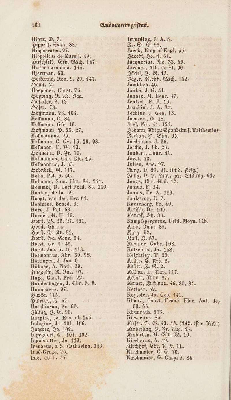 Hintz, D. 7; Hippert, Sam, 88 Hippocrates. 97. Hippolitus de Marsil. 49. Hirschfeld, Ged, Mich. 147: Historiographus. 144. Hjertman. 60. Hocerius, 3od, 9. 29, 141. HDönn+ 2, Hoeppner, Chrst. 75. Höpping, 3. Ab. Sac, Hofader, £, 13. Hofer, 78. Hoffmann, 23, 104. Hoffmann, C. 84. Hoffmann, Gfr. 10. Hoffmann, P. 25.27, Hoffmannus. 29. Hofmann, C. Gv. 16.19. 93. Hofmaon, F. W. 13. Hofmann, D. Sr. 10, Hofmannus, Car. Glo. 15. Hofmannus, J. 33. Hohndell, ©. 117, Holm, Pet. 6. 60. Holmann, Sam. Chn. 84. 144. Hontan, de la. 59. Hoogt, van der, Ew. 61. Hopferus, Bened. 6. Horn, J. Pet. 53. Horner, @. H. 16. Horft. 25. 26+ 27,131, Horft, Chr, ER Horft, ©, Kr. 91, Horft, Ge, Eonr. 63. Horst, Gr. 5. 45. Horst, Jac. 5. 45. 113. Hosmannus, Abr. 30. 98. Hottinger, J. Jac. 6. Hübner, A. Nath. 39. Huggelin, S. Sacı 97, Hugo, Chrst. Frd. 22. Hundeshagen, J. Chr. 5: 8. Hunepaeus. 97. Hupka, 115, Huferus, S. 47, Hutchinson, Fr. 60. Shling, 3. E. 90. Imagine, Jo. Ern. ab 145. Indagine, Jo. 101. 106. Sngeber, So, 102, Ingegneri, G. 101. 102. Ingolstetter, er 113. Irenaeus, a S. Catharina. 146. Iro6-Grego. 26. Isverding, J:A.8. 3.,©. €, 9. Jacob, King of Engl. 55. Zacobi, 50:14:64, Jacquerius, Nic. 33. 50. Jacques, Alb. de St. 9%. Sädel, I 3.6: 8; Säger, Bernd, Mich. 152: Jamblich. 46. Janke, J. G. 41. Jannsz, M. Henr. 47. Jentsch, E. F. 16: Joachim, J. A. 84. Jochius, J. Geo. 45. Jocoser., ©. 18. Joel, Fre. 41. 121. Sohann, Abt zu Spanheim f. Trithemius: Sordan. P. Sim. 65. Jordaneus, J. 36. Jordis, J. Ph. 23. Joubert, Laur. 41. Jovet. 73. Julien, Ans. 97. Sung, D. DItye 91; (ift d+ Folge.) 4 Sung, D. 3. Ant., gen. Stilling. 91: Junge, Chr. Ghd. 12. Junius, F. 54. Junius, Fr. A. 103; Juulstrup, C.7. Raeseberg, Fr. 40. Kalifh, Dr. 109, Kampf, Eh. 83, Kampfspergerus, Frid. Moys. 148; Kant, Smm, 85. Kargı 92. Kaft, S+ 87, Kastner, Gabr. 108. Ratschius, Jo. 148. Reightley, T. 22. Keller, €. Urb, 2; Keller, 3. ©: 2. Kellner, D. Dav, 117, Kerner, Andr, 87, Kerner, Suftinus, 46. 80. 84. Rettner. 62. Reyssler, Jo. Geo. 141. Khauz, Const. Frane. Flor. Ant. de, 60. 65. Rhunrath. 113. Rieseclius. 84. Kiefer, D. 6. 43: 45, (142, ift e. And.) Kinderling, I. Ft; Aug. 43. Kindleben, M. Chr, W., 10, Rircherus, A. 49. Kirchhof, Chr. A. 2. 11. Rirchmaier, C. G. 70.