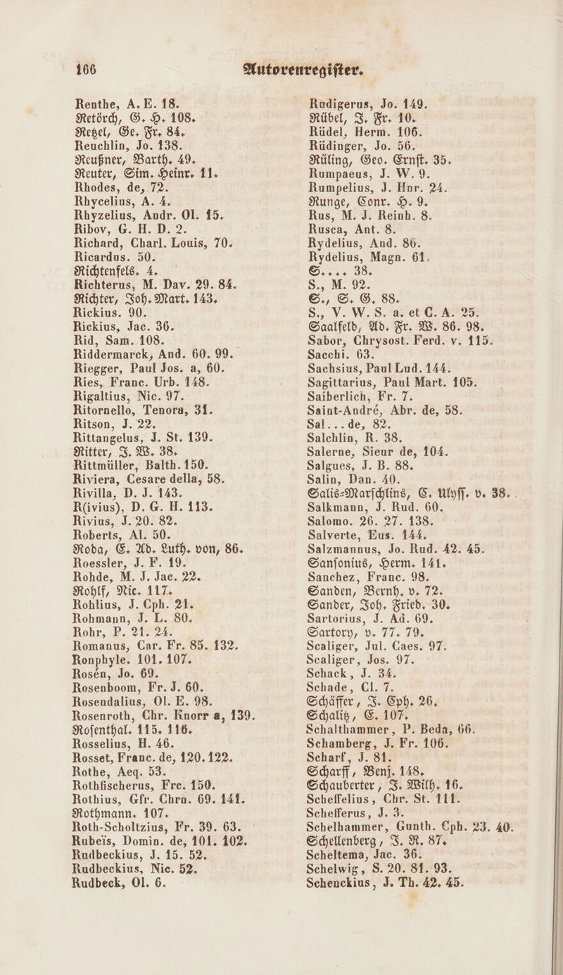 Renthe, A.E. 18. Retörh, G- D+ 108. Kepel, Ge, Fr. 84, Reuchlin, Jo. 138. Neußner, Barth. 49, Keuter, Sim. Heinr. 11. Rhodes, de, 72. Rhycelius, A. 4. Rhyzelius, Andr. Ol. 15. Ribov, G. H.D. 2. Richard, Charl. Louis, 70. Ricardus. 50. Richtenfels. 4: Richterus, M. Dav. 29. 84. Kichter, oh. Mart, 143, Rickius. 90. Rickius, Jac. 36. Rid, Sam. 108. Riddermarck, And. 60.99. Riegger, Paul Jos. a, 60. Ries, Franc. Urb. 148. Rigaltius, Nic. 97. Ritornello, Tenora, 31. Ritson, J. 22. Rittangelus, J. St. 139. Nitter, 3.8, 38 Rittmüller, Balth. 150. Riviera, Cesare della, 58. Rivilla, D. J. 143. R(ivius), D.G. H. 113. Rivius, J. 20. 82. Roberts, Al. 50. Roda, E: Ad, Luth. von, 86. Roessler, J. F. 19. Rohde, M. J. Jac. 22. Rohlf, Nic. 117. Rohlius, J. Cph. 21. Rohmann, J. L. 80. Rohr, P. 21. 24. Romanus, Car. Fr. 85. 132. Ronphyle. 101. 107. Rosen, Jo. 69. Rosenboom, Fr. J. 60. Rosendalius, Ol. E. 98. Rofenthal, 115. 116. Rosselius, H. 46. Rosset, Franc. de, 120.122. Rothe, Aegq. 53. Rothfischerus, Fre. 150. Rothius, Gfr. Chro. 69. 141. Rothmann. 107, Roth-Scholtzius, Fr. 39. 63. Rubeis, Domin. de, 101. 102. Rudbeckius, J. 15. 52. Rudbeckius, Nic. 52. Rudbeck, Ol. 6. Rudigerus, Jo. 149. Kübel, Ir - 10, Rüdel, Herm. 106. Rüdinger, Jo. 56. KRüling, Geo. Ernft. 35. Rumpaeus, J. W.9 Rumpelius, J. er 24. Runge, Eont, 9.9 Rus, M. J. Reinh. 8. Rusca, Ant. 8. Rydelius, And. 86. Rydelius, Magn. 61. ©,. ++ 38, S., M. 32. ©, ©, (67 88: S., V. W.S. aret'G. A295. Saalfeld, Ad. Tr W. 86. 98. Sabor, Chrysost. Ferd. v. 115. Sacchi. 63. Sachsius, Paul Lud. 144. Sagittarius, Paul Mart. 105. Saiberlich, Fr. 7. Saint-Andre, Abr. de, 58. Sal...de, 82. Salchlin, R. 38. Salerne, Sieur de, 104. Salgues, J. B. 88. Salin, Dan. 40. Salis-Marfchling, 5 Ne v. 38... Salkmann, J. Rud. 60. Salomo. 26. 27. ee Salverte, Eus. 144. Salzmannus, Jo. Rud. 42. 45. ©anfonius, Herm. 141. Sanchez, Franc. 98. Sanden, Bernd. v: 72. Sander, Joh: Fried, 30. Sartorius, J. Ad. 69. Sartory, v+ 77: 7% Scaliger, Jul. Caes. 97. Scaliger, Jos. 97. Schack, J. 34. Schade, Cl. 7. Schäffer, IS Cph. 26, Schalig, &amp;, 107, Schalthammer, P. Beda, 66. Schamberg, J. Fr. 106. Scharf, J. 81. Scharff, Beni. 148. Schauberter, 3. Wilh. 16. Scheffelius, Chr. St. 111. Schefferus, J. 3. Schelhammer, Gunth. Eph. 23. 40. Schellenberg , 3. R, 87% Scheltema, Jac. 36. Schelwig, S. 20. 81. 93. Schenckius, J. Th. 42. 45.