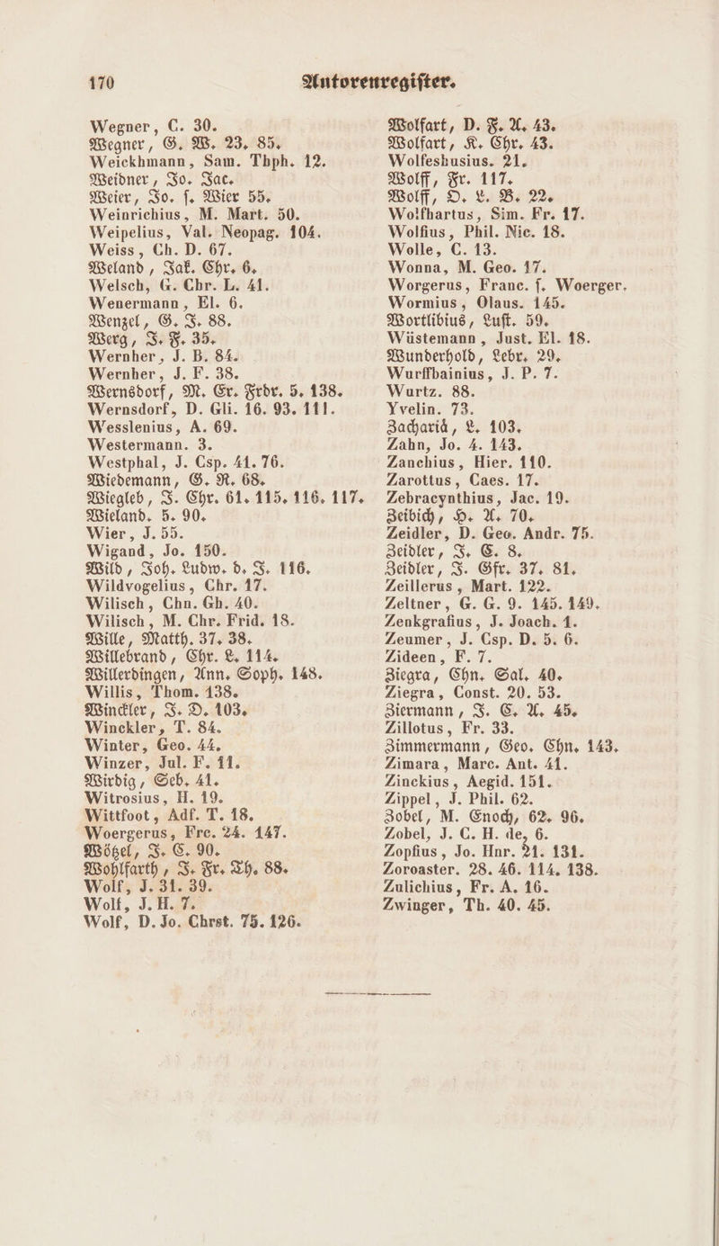 Wegner, C. 30. Wegner, 8. W, 25. 85, Weickhmann , Sam. Tbph. 12. Weidner, Io. Sat. Meier, So. f. Wier 55. Weinrichius, M. Mart. 50. Weipelius, Val. Neopag. 104. Weiss, Ch. D. 67. Weland,, Sat. Chr, 6, Welsch, &amp;@. Chr. L. 41. Wenermann, El. 6. Wenzel, ©. S- 88. Werg, I: % 35. Wernher,, J. B. 84. Wernher, J. F. 38. Mernsdorf, M, Er. Frdr, 5. 138. Wernsdorf, D. Gli. 16. 93. 111. Wesslenius, A. 69. Westermann. 3. Westphal, J. Csp. 41. 76. Wiedemann, ©. R, 68 Wiegleb, S. Chr. 61. 115. 116. 117, Wieland. 5. 90, Wier, J. 55. Wigand, Jo. 150. Wild, Soh. Ludw, d, S: 116, Wildvogelius, Chr. 17. Wilisch, Chn. Gh. 40. Wilisch, M. Chr. Frid. 18. Wille, Matth. 37, 38, MWillebrand, Chr. &amp;, 114. Willerdingen, Ann, Soph. 148. Willis, 'Thom. 138. Winkler, 3 D. 103 Winckler, T. 84. Winter, Geo. 44. Winzer, Jul. F. 11. Wirdig, Sch. 41. Witrosius, H. 19. Wittfoot, Adf. T. 18. Woergerus, Fre. 24. 147. Mößel, 3+ 6. 90. Wohlfarth 4 r an h, 85 Wolf, 3. 31. Wolf, J.H. nn Wolf, D.Jo. Chrst. 75. 126. MWolfart, D. 8. U 43. MWolfart, K. Chr. 43. Wolfeshusius. 21. Wolff, Fr. 117. Wolff, D. % B: 22: Wolfhartus, Sim. Fr. 17. Wolfius, Phil. Nie. 18. Wolle, €. 13. Wonna, M. Geo. 17. Worgerus, France. f. Woerger. Wormius, Olaus. 145. MWortlibius, Luft. 59. Wüstemann, Just. El. 18. Wunderhold, Lebr, 29 Wurffbainius, J. P. 7. Wurtz. 88. Yrelin. 73. Zacharik, &amp;, 103. Zahn, Jo. 4. 143. Zanchius, Hier. 110. Zarottus, Caes. 17. Zebracynthius, Jac. 19. Beibih, 9. U: 70. Zeidler, D. Geo. Andr. 75. Zeidler, I ©. 8. Zeidler, 3. Gfr, 37. 81. Zeillerus , Mart. 122. Zeltner, G. G. 9. 145. 149. Zenkgrafius, J. Joach. 1. Zeumer, J. Csp. D. 5. 6. Zideen, F.7. Biegra, Chn,. Sal, 40. Ziegra, Const. 20. 53. Biermann, 3. &amp; U. 45. Zillotus, Fr. 33. Zimmermann, Geo, Chn, 143, Zimara, Marc. Ant. 41. Zinckius, Aegid. 151. Zippel, J. Phil. 62. 3obel, M. Enod, = 96. Zobel, J. C.H. de Zopfius, Jo. Hnr. 1, 131. Zoroaster. 28. 46. 114. 138. Zulichius, Fr. A. 16. Zwinger, Th. 40. 45.