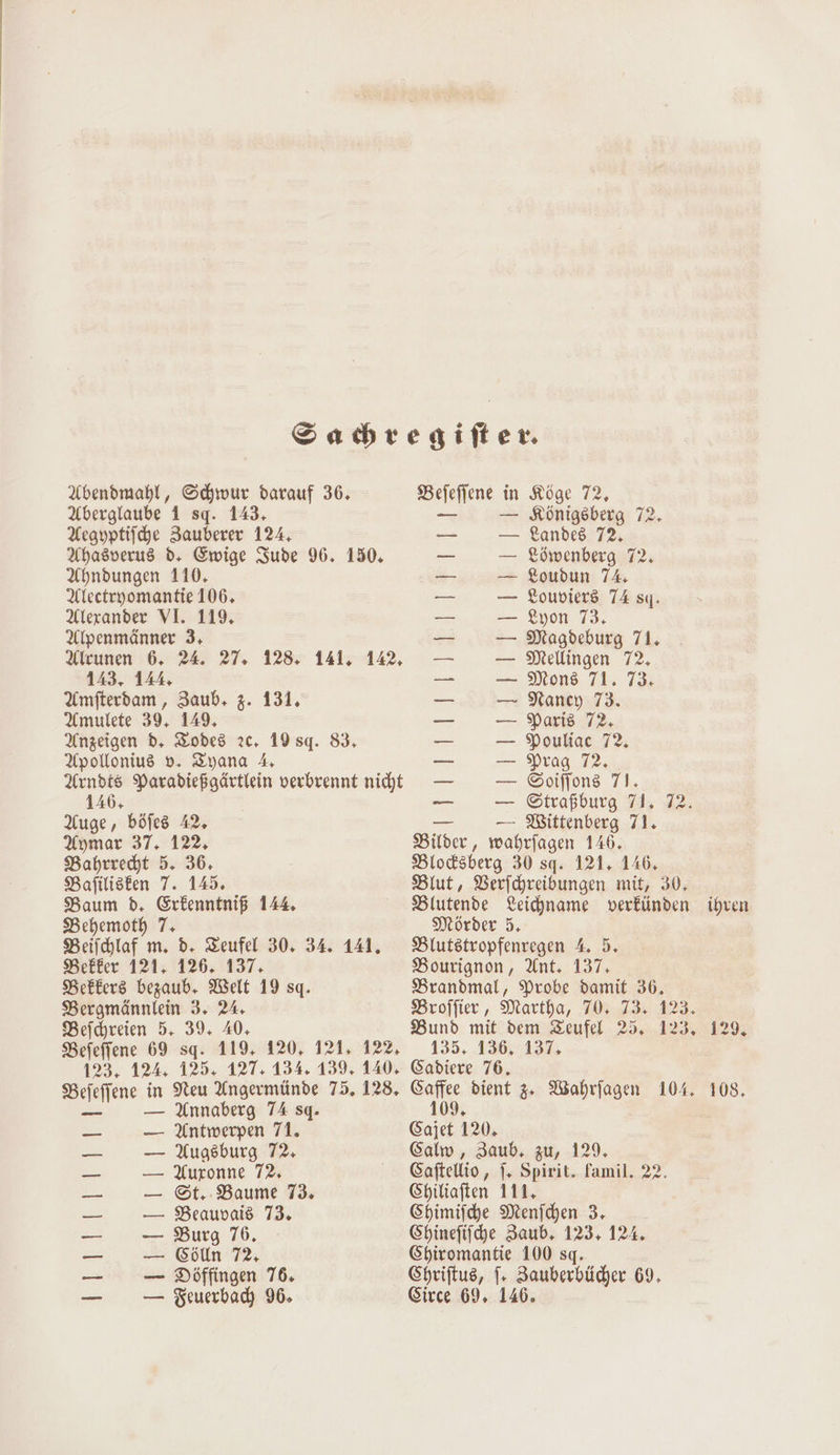 Sabregiiter. Abendmahl, Schwur darauf 36. Befefiene in Köge 72, Aberglaube 1 sq. 143, — Königsberg 72. Aegyptiiche Zauberer 124, — Landes 72. Ahasverus d, Ewige Jude 96. 150. — Lömwenberg 72. Ahndungen 110. — Loudun 74, Aleetryomantie 106. — Loupviers 74 sq. Alerander VI. 119, — Lyon 73. — Magdeburg 71. — Mellingen 72, Alpenmänner 3, Acunen 6. 24. 27. 1285 141, 142, 143, 14% Amfterdam, Baub+ z. 131. — Ranıy 73. Amulete 39, 149, — Naris 72. Anzeigen d, Zodes 2c, 19 sq. 83, — Pouliac 72. Apollonius v. Zyana 4, — Nrag 72. Arndts Paradießgärtlein verbrennt nicht — Soiffons 71. el ar] ae a 146+ — Gtraßburg 71, 72. Auge, böfes 42, — Wittenberg 71. Aymar 37. 122, Bilder, wahrfagen 146. Bahrredht 5. 36, Blodsberg 30 sq. 121. 146, Bafilisten 7. 145. Blut, Verichreibungen mit, 30, Baum d. Erfenntniß 144, Blutende Leichname verkünden ihren Behemoth 7, Mörder 5. Beilchlaf m. d. Zeufel 30, 34. 141. Blutstropfenregen A. 5. Bekker 121, 126. 137, Bourignon, Ant. 137, Bekkers bezaub. Welt 19 sq. Brandmal, Probe damit 36. Bergmännlein 3. 24 Broffir, Martha, 70. 73. 123. Beichreien 5. 39. 40, Bund mit dem Teufel 25. 123, 129. Befeffene 69 sq. 119. 120, 121, 122, 135. 136, 137, 123, 124. 125. 127: 134. 139, 140, Cadiere 76. Befefjene in Neu Angermünde 75.128. Caffee dient 3. Wahrfagen 104. 108, 109 — — Annaberg 74 sq. M _ — Antwerpen 71. Gajet 120. _ — Augsburg 72, Calw, Zaub, zu, 129. — — Auronne 72, Gaftellio, |. Spirit. famil. 22. —_ — ©&amp;t, Baume 73, Chiliaften 111, — — Beauvais 73. Chimiihe Menichen 3, — — Burg 76, Chinefiihe Zaub, 123, 124. — — &amp;ölln 72, Chiromantie 100 sq. — 0 — Döffingen 76. Shriftus, f- Zauberbücher 69, — Feuerbach) 96. Girce 69, 146.