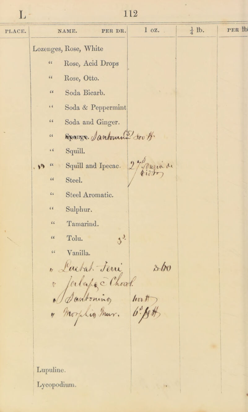 PLACE. NAME. TER DR. 1 OZ. Lozenges, Rose, White “ Rose, Acid Drops “ Rose, Otto. “ Soda Bicarb. “ Soda & Peppermint “ Soda and Ginger. £}p<*ng^. dev /}' Squill. u . “ * 1 | V /l Squill and Ipecac. / </dkjA<y t1' e< Steel. “ Steel Aromatic “ Sulphur. “ Tamarind. “ Tolu. “ Vanilla. b J (4*1 Hu!* tl£A/H. f i 'l l rr ) V t: ( Lrcrt. ft )(/)/ri ^ ) /? V '‘tbTfV'i ity hutsr, l> jfj if ? Lupuline. Lycopodium. i lb- FER ft) i