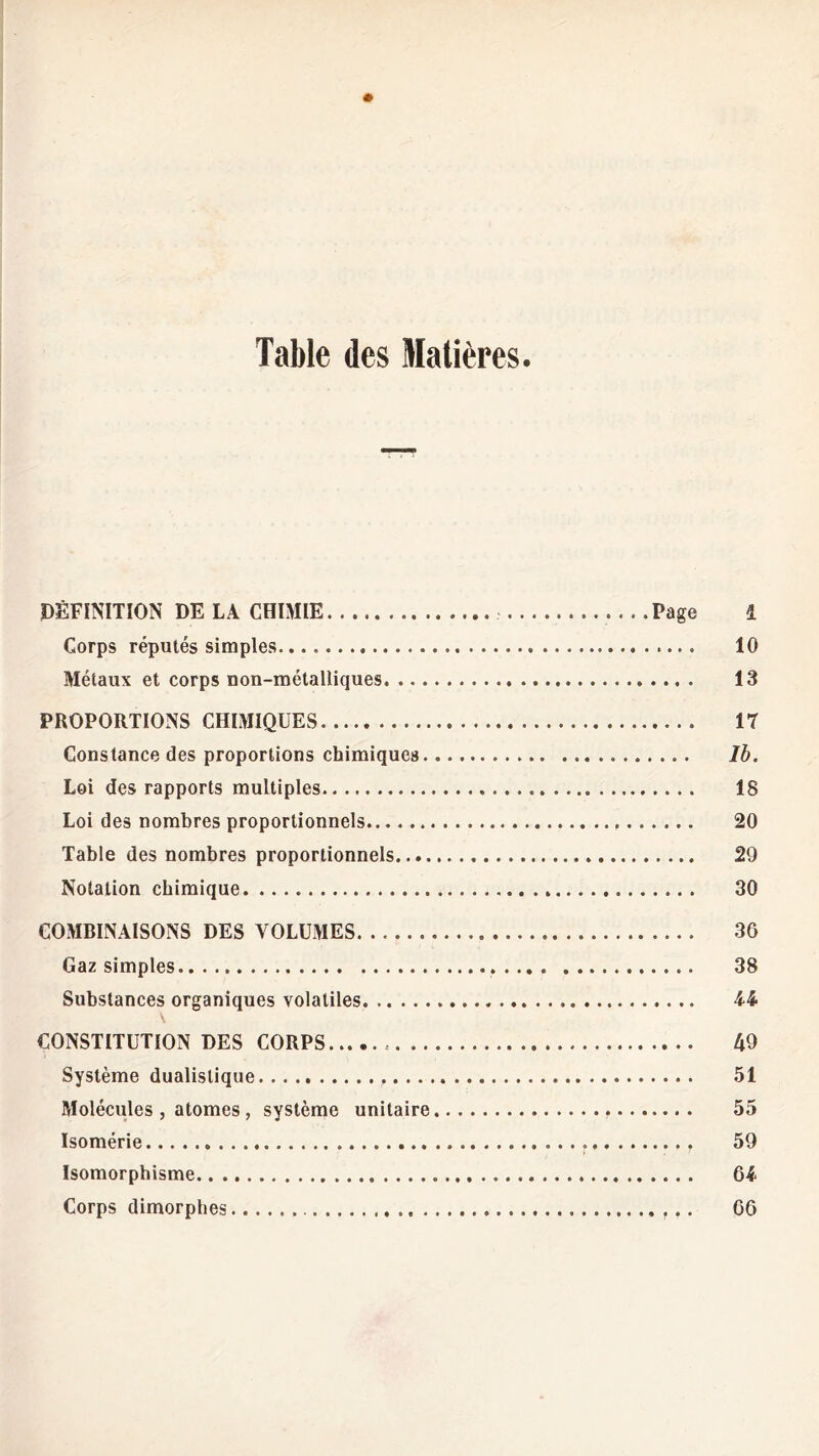 Table des Matières. DÉFINITION DE LA CHIMIE Page 1 Corps réputés simples 10 Métaux et corps non-métalliques 13 PROPORTIONS CHIMIQUES 17 Constance des proportions chimiques Ib. Loi des rapports multiples 18 Loi des nombres proportionnels 20 Table des nombres proportionnels 29 Notation chimique 30 COMBINAISONS DES VOLUMES 36 Gaz simples 38 Substances organiques volatiles 44 CONSTITUTION DES CORPS 49 Système dualislique 51 Molécules , atomes, système unitaire 55 Isomérie 59 Isomorphisme 64 Corps dimorphes 66