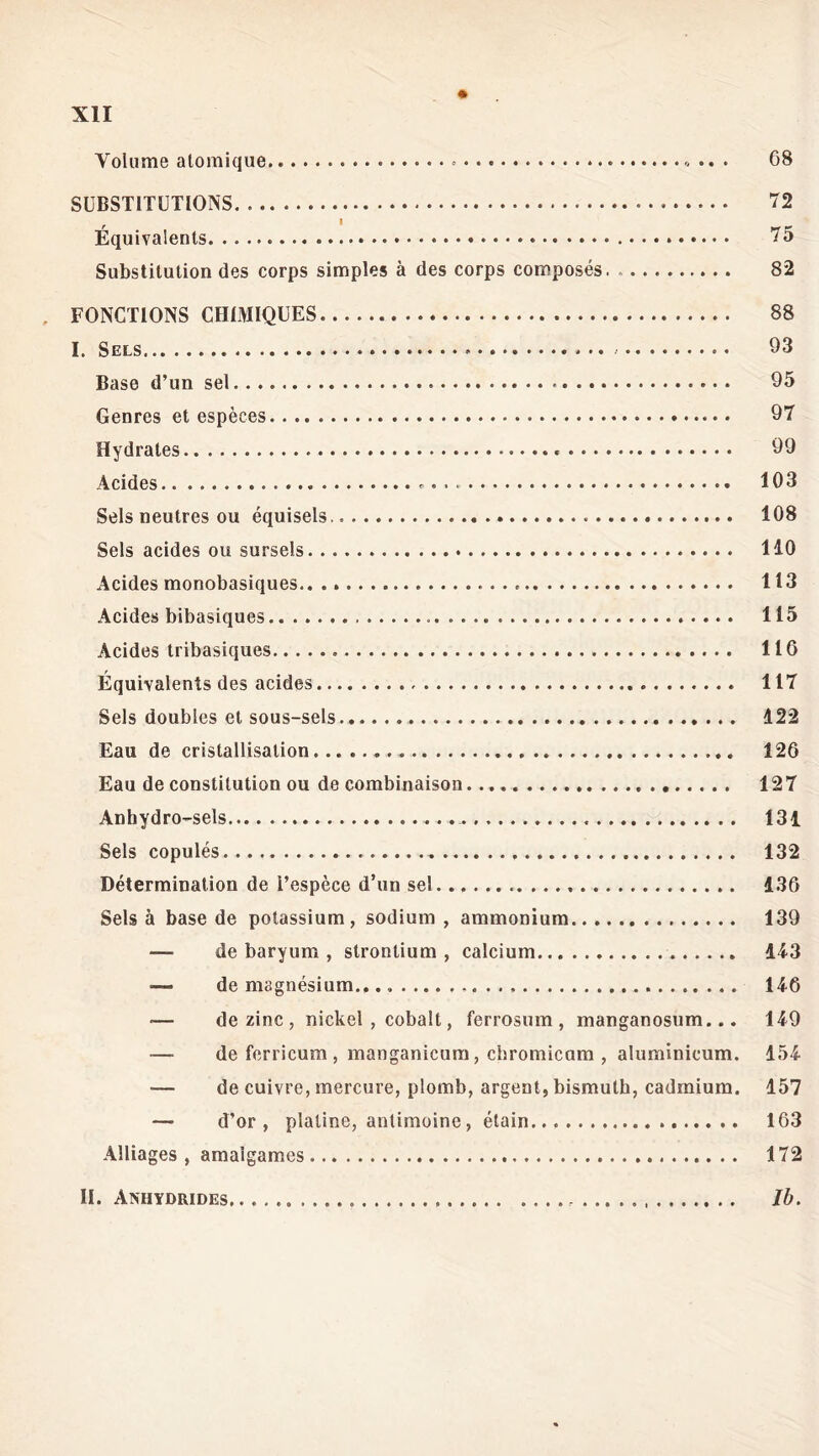 * Yolume atomique - . 68 SUBSTITUTIONS 72 ' 1 ne Equivalents 7 a Substitution des corps simples à des corps composés 82 FONCTIONS CHIMIQUES 88 I. Sels » •. 63 Base d’un sel 65 Genres et espèces 97 Hydrates « 69 Acides 103 Sels neutres ou équisels 108 Sels acides ou sursels 110 Acides monobasiques 113 Acides bibasiques 115 Acides tribasiques 116 Équivalents des acides 117 Sels doubles et sous-sels 422 Eau de cristallisation 126 Eau de constitution ou de combinaison. 127 Anhydro-sels 131 Sels copules 132 Détermination de l’espèce d’un sel 136 Sels à base de potassium, sodium , ammonium 139 — de baryum , strontium , calcium 14-3 — de magnésium 146 — de zinc , nickel , cobalt, ferrosum , manganosum... 149 — de fbrricum , manganicum, chromicum , aluminicum. 154 — de cuivre, mercure, plomb, argent, bismuth, cadmium. 157 — d’or, platine, antimoine, étain 163 Alliages , amalgames 172 11. Anhydrides , Ib.