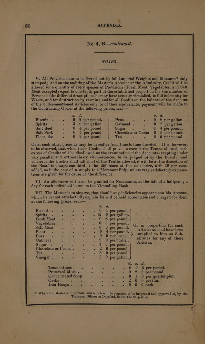 * NOTES. V. All Provisions are to be served out by full Imperial Weights and Measures* duly stamped; and on the auditing of the Master’s Account at the Admiralty, Credit will be allowed for a quantity of every species of Provisions (Fresh Meat, Vegetables, and Salt Meat excepted) equal to one-tenth part of the established proportion for the number of Persons of the different descriptions he may have actually victualled, in fullindemnity for Waste, and for destruction by vermin; and for all Credits on the balance of the Account of the under-mentioned Articles only, or of their equivalents, payment will be made to the Contracting Owner at the following prices, viz.:— s. d. $, “dd. Biscuit . . 0 2 per pound. Peas . . 0 8 per gallon. Spirits . 3 0 per gallon. Oatmeal . : 0 7 per gallon. Salt Beef ° 0 4 per pound. Sugar ° 0 4 per pound. Salt Pork . 0 4 per pound. Chocolate or Cocoa 0 5 per pound. Flour, &amp;c. ° 0 2 per pound. | Teas: . . 2 O per pound. Or at such other prices as may be hereafter from time to time directed. It is, however, to be observed, that when those Credits shall prove to exceed the Tenths allowed, such excess of Credits will be disallowed on the examination of the Accounts excepting under wherever the Credits shall fall short of the Tenths allowed, it will be at the discretion of the Board to charge one-third of the difference at the cost price, with 20 per cent. added, as in the case of a supply to a Merchant Ship, unless very satisfactory explana- tions are given for the cause of the difference. VI. An allowance will also be granted for Necessaries, at the rate of a halfpenny a day for each individual borne on the Victualling-Book. VII. The Master is to observe, that should any deficiencies appear upon his Account, which he cannot satisfactorily explain, he will be held accountable and charged for them at the following prices, vz.:— 8. d. Biscuit . ° é . - 0 4 per pound. } Spirits. . ° . - 12 O per gallon, Fresh Meat. ° . - © 8 per pound. Vegetables . ©. ° - 0 3 per pound. . ait is Salt Meat ° ; , « 0 8 per pound. Oe ee es e ere Flour. : . ° - 0 4 per pound. a tpantid ie laws Nn igt wa = Dats 9° 0 “var hashel '¢ supplied to him as Sub- Chisel a2 Naa or ey a bushel, | Stitutes for any of these Sugar . ° ; . « 1 0 per pound. eerie Chocolate or Cocoa . ° - 2 0 per pound. Tea ° . . - 8 0 per pound. Vinegar . ° : . - 2 0 pergallon. J j i. 8. a. ‘Lemon-Juice : ; . . - O O 6 per pound. Preserved Meats. ° : : - O 2 0 per pound. Concentrated Soup . : . - 0 1 O per quarter pint. Casks . . ° : : ° - 2 0 O pertun. Iron Hoops . ° . ° ° - 0 O 9 each. * Which the Master is to provide, and which will be required to be inspected and approved of, by the Transport Officers at Deptford, before the Ship sails,