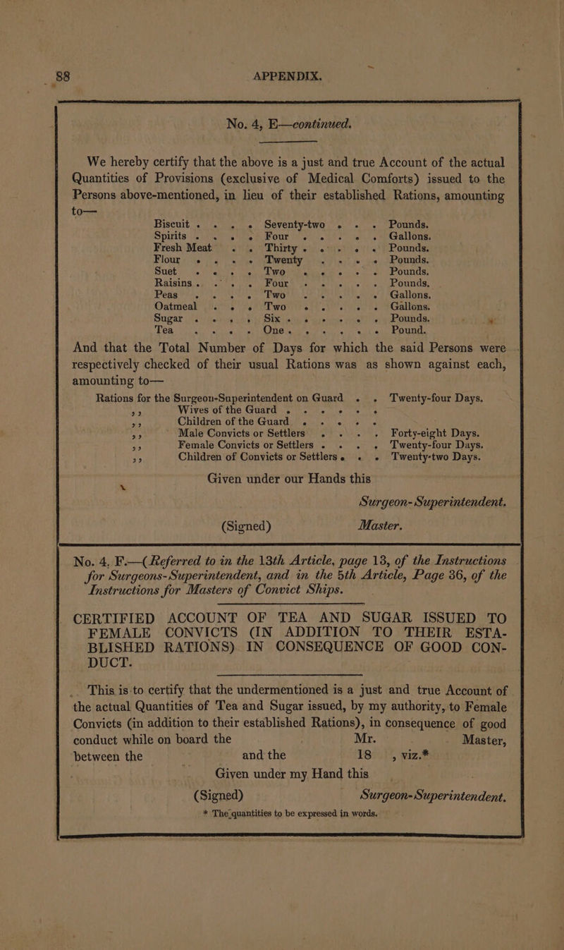 to Biscuit . . . « Seventy-two Spirits (205 eG, el Monty) se Fresh Meat . . Thirty. . Flour .« . - « Twenty UGE 50.) Ae. creak Oa we Raisins . . Four . Peas Siig. PWT Ras, Oatmeal @ e ° Two e . Sugar jit nevoy eh Sitivlks ae Tea acd ee DE cael g amounting to— Te a) 99 a3 23 Wives of the Guard . . . Children of the Guard . Male Convicts or Settlers . Female Convicts or Settlers . (Signed) e e ° e 6 8s” 22 ae Pounds. Gallons. Pounds. Pounds. Pounds. Pounds, - Gallons. Gallons. Pounds.  Pound. Twenty-four Days. Forty-eight Days. Twenty-four Days. Twenty-two Days. DUCT. between the and the (Signed) Master, &gt; viz.*