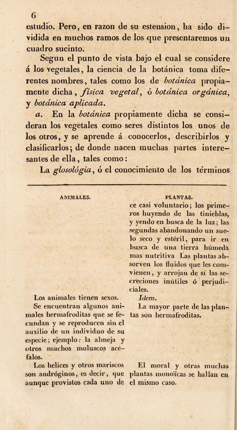 estudio. Pero, en razón de su estension, ha sido di- vidida en muchos ramos de los que presentaremos un cuadro sucinto. Según el punto de vista bajo el cual se considere á los vegetales, la ciencia de la botánica toma dife- rentes nombres, tales como los de botánica propia- mente dicha , física vegetal, ó botánica orgánica, y botánica aplicada. a. En la botánica propiamente dicha se consi- deran los vegetales como seres distintos los unos de los otros, y se aprende á conocerlos, describirlos y clasificarlos; de donde nacen muchas partes intere- santes de ella, tales como: La glosológia, ó el conocimiento de los términos ANIMALES. Los animales tienen sexos. Se encuentran algunos ani- males hermaíroditas que se fe- cundan y se reproducen sin el auxilio de un individuo de su especie; ejemplo: la almeja y otros muchos moluscos acé- falos. Los helices y otros mariscos son andróginos, es decir, que aunque provistos cada uno de PLANTAS. ce casi voluntario; los prime- ros huyendo de las tinieblas, y yendo en busca de la luz; las segundas abandonando un sue- lo seco y estéril, para ir en busca de una tierra húmeda mas nutritiva Las plantas ab- sorven los buidos que les com- vienen , y arrojan de sí las se- creciones inútiles ó perjudi- ciales. Idem. La mayor parte de las plan- tas son hermaíroditas. El moral y otras muchas plantas monoicas se hallan en el mismo caso.