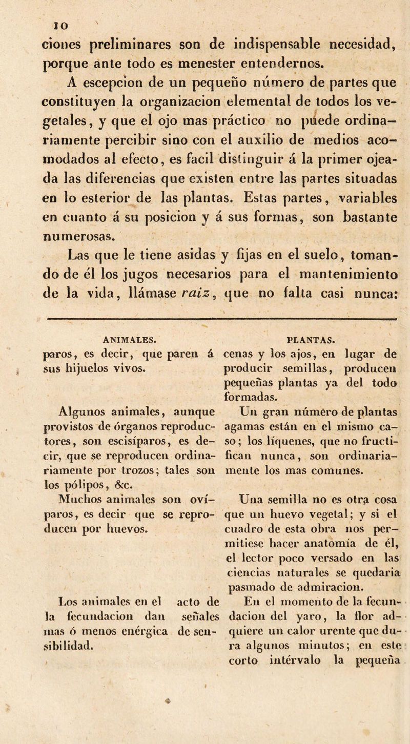 ciones preliminares son de indispensable necesidad, porque ante todo es menester entendernos. A escepcion de un pequeño número de partes que constituyen la organización elemental de todos los ve- getales, y que el ojo mas práctico no puede ordina- riamente percibir sino con el auxilio de medios aco- modados al efecto, es fácil distinguir á la primer ojea- da las diferencias que existen entre las partes situadas en lo esterior de las plantas. Estas partes, variables en cuanto á su posición y á sus formas, son bastante numerosas. Las que le tiene asidas y fijas en el suelo, toman- do de él los jugos necesarios para el mantenimiento de la vida, llámase raiz, que no falta casi nunca: ANIMALES. paros, es decir, que paren á sus hijuelos vivos. Algunos animales, aunque provistos de órganos reproduc- tores, son escisíparos, es de- cir, que se reproducen ordina- riamente por trozos; tales son los pólipos, &c. Muchos animales son oví- paros, es decir que se repro- ducen por huevos. Los animales en el acto de la fecundación dan señales mas ó menos enérgica de sen- sibilidad. PLANTAS. cenas y los ajos, en lugar de producir semillas, producen pequeñas plantas ya del todo formadas. Un gran número de plantas agamas están en el mismo ca- so ; los liqúenes, que no fructi- fican nunca, son ordinaria- mente los mas comunes. Una semilla no es otrfi cosa que un huevo vegetal; y si el cuadro de esta obra nos per- mitiese hacer anatomía de él, el lector poco versado en las ciencias naturales se quedaría pasmado de admiración. En el momento de la fecun- dación del yaro, la flor ad- quiere un calor urente que du- ra algunos minutos; en este corto intervalo la pequeña