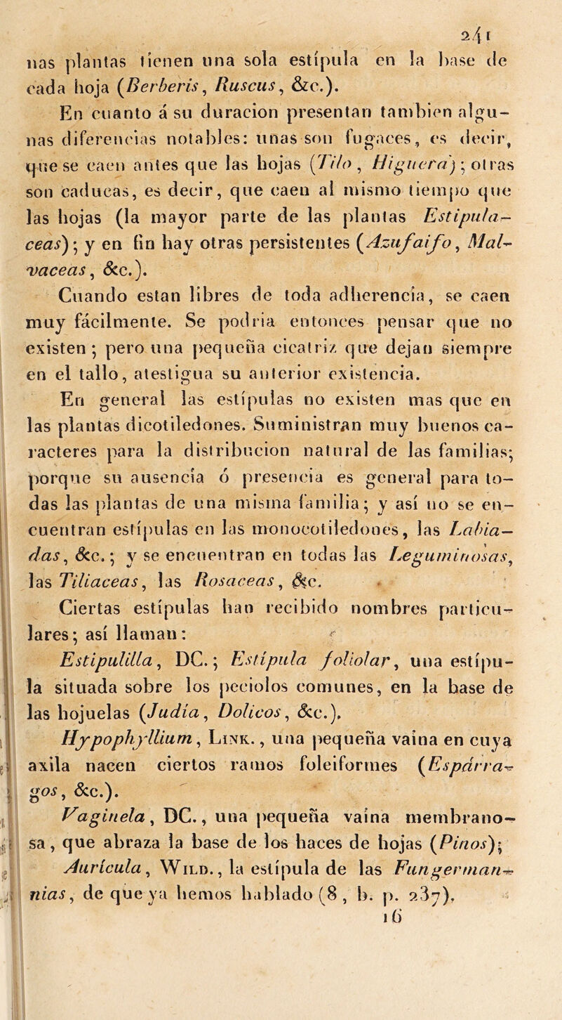 ñas plantas tienen una sola estípula en la base de cada hoja (7? erberis, Ruscus, Szc.). En cuanto á su duración presentan también algu- nas diferencias notables: unas son fugaces, es decir, cénese caen antes que las hojas (77/u, Higuera) • oirás son caducas, es decir, que caen ai mismo tiempo que las hojas (la mayor parte de las plantas Estipula- ceas); y en fin hay otras persistentes (Azufaifo, Mal- caceas. Sec.). Cuando están libres de toda adherencia, se caen muy fácilmente. Se podria entonces pensar que no existen; pero una pequeña cicatriz que dejan siempre en el tallo, atestigua su anterior existencia. En general las estípulas no existen mas que en las plantas dicotiledones. Suministran muy buenos ca- racteres para la distribución natural de las familias; porque su ausencia ó presencia es general para to- das las plantas de una misma familia; y así no se en- cuentran estípulas en las monocotiledooes, las Labia- das, Seo.; y se encuentran en todas las Leguminosas, las Tiliáceas, las Rosaceas, fe. Ciertas estípulas han recibido nombres particu- lares; así llaman: Estipulilla, DC.; Estípula foliolar, una estípu- la situada sobre los peciolos comunes, en la base de las hojuelas (Judía, Dolicos, fe.), Hypophf Ilium, Link. , una pequeña vaina en cuya ; axila nacen ciertos ramos foleiformes (Esparta-e gos, See.). 4 Pagínela , DC., una pequeña vaina membratio- sa, que abraza la base de los haces de hojas (Pinos); Aurícula, Wild. , la estípula de las Fungennari-*=■ ,j» de que ya hemos hablado (8 , b. p. 23y)r i tí