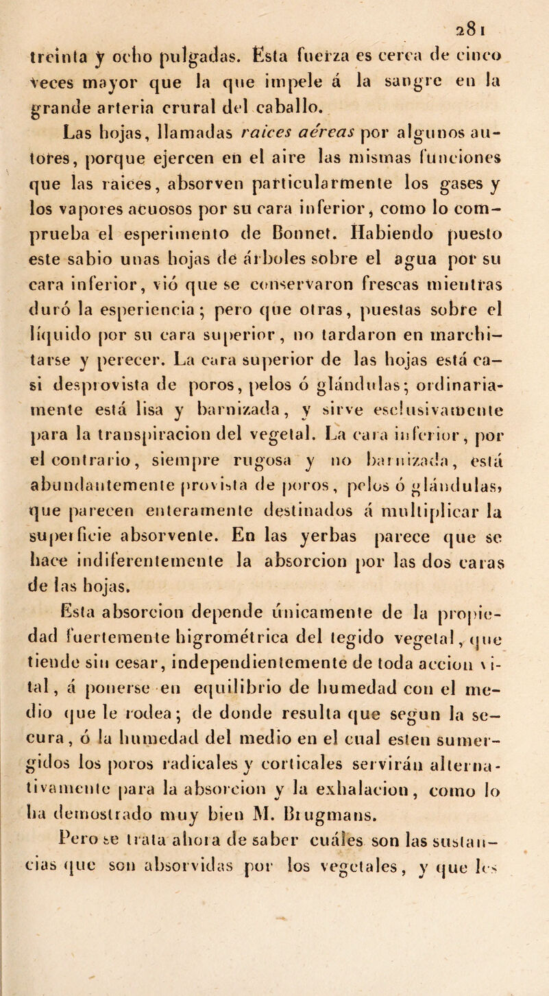 1 treinta y ocho pulgadas. Esta fuerza es cerca de cinco Veces mayor que la que impele á la sangre en la grande arteria crural del caballo. Las hojas, llamadas raíces aéreas por algunos au- tores, porque ejercen en el aire las mismas funciones que las raices, absorven particularmente los gases y los vapores acuosos por su cara inferior* como lo com- prueba el esperimento de Bonnet. Habiendo puesto este sabio unas hojas de árboles sobre el agua por su cara inferior, vio que se conservaron frescas mientras duró la esperieneia ; pero cpie otras, puestas sobre el líquido por su cara superior, no tardaron en marchi- tarse y perecer. La cara superior de las hojas está ca- si desprovista de poros, pelos ó glándulas; ordinaria- mente esta lisa y barnizada, y sirve esclusivamente para la transpiración del vegetal. La cara inferior, por el contrario, siempre rugosa y no barnizada, está abundantemente provista de poros, pelos ó glándulas» que parecen enteramente destinados á multiplicar la superficie absorvente. En las yerbas parece que se hace indiferentemente la absorción por las dos caras de las hojas. Esta absorción depende únicamente de la propie- dad fuertemente higrométrica del legido vegetal, que tiende sin cesar, independientemente de toda acción \ i- tal, á ponerse en equilibrio de humedad con el me- dio (jue le rodea; de donde resulta que según la se- cura, ó la humedad del medio en el cual esten sumer- gidos los poros radicales y corticales servirán alterna- tivamente para la absorción y la exhalación, como lo ha demostrado muy bien M. Biugmans. Pero se trata ahora de saber cuáles son las sustan- cias que son absorvidas por los vegetales, y que les