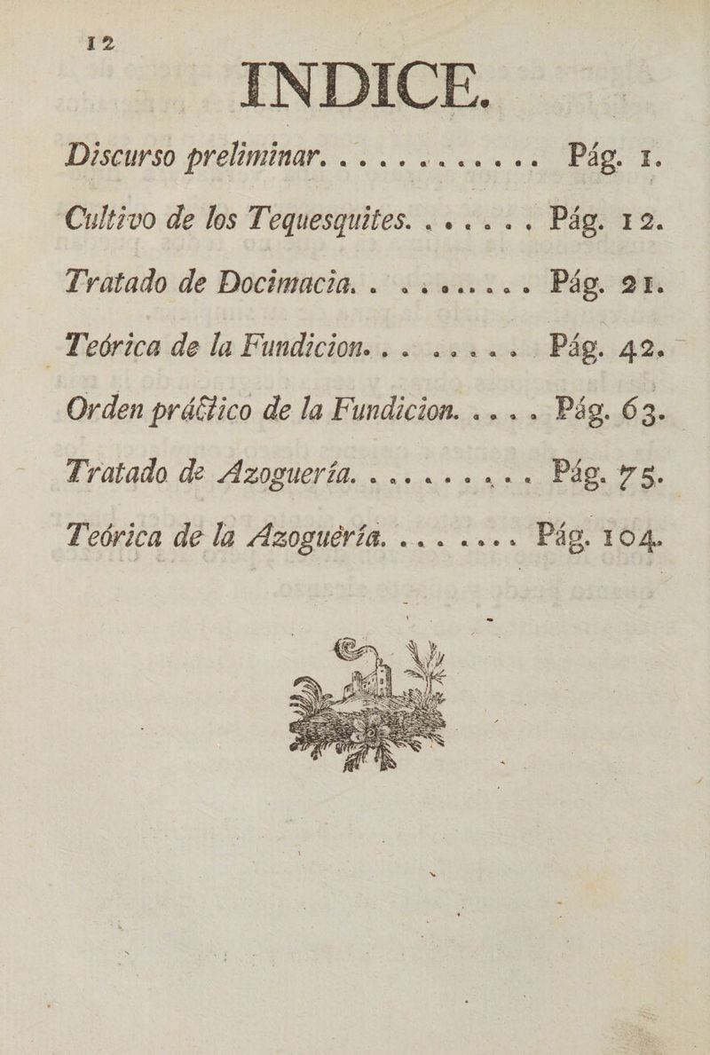 INDICE Discurso preliminar. cono o Pág 1. Cultivo de los Tequesquites. . . EE Pág. 12. Tratado de Docintacia, AA 91. | Teórica de la Fundicion... ...o. Pág. AA Orden práctico de la Fundicion. .. . . Pág. 6 3. | Tratado de Azoguería. .. cae ar Pág 73. Teórica de la Azoguérí. o... o... Pág, 104. 
