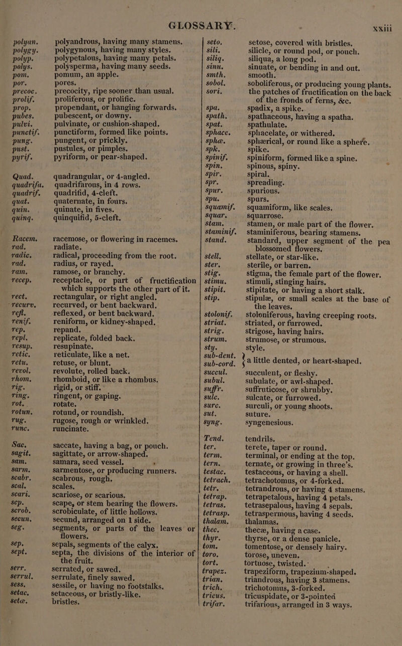 polyan. polygy. polyp. polys. pom. por. precoc. prolif. prop. pubes. pulvi. punctif. pung. pust. pyrif. Quad. quadrifa. — quadrif. quat. quin. quing. Racem. rad. radic. rad. ram. “recep. rect, -recurv, refi. renif. rep. _ repil, resup. retic, retu. revol, rhom, rig’. ring’. rot. rotun, rug’. rune. Sac. sagit. sam. sarm. scabr. seal, scart. sep. scrob. secun, seg’. Sep. sept. serr. serrul, Sess, Setac, Seta. polyandrous, having many stamens. polygynous, having many styles. polypetalous, having many petals. polysperma, having many seeds. pomum, an apple. pores. precocity, ripe sooner than usual. proliferous, or prolific. propendant, or hanging forwards. pubescent, or downy. pulvinate, or cushion-shaped. punctiform, formed like points. pungent, or prickly. pustules, or pimples. pyriform, or pear-shaped. quadrangular, or 4-angled. quadrifarous, in 4 rows. quadrifid, 4-cleft. quaternate, in fours. quinate, in fives. quinquifid, 5-cleft. racemose, or flowering in racemes. radiate. radical, proceeding from the root. radius, or rayed. ramose, or branchy. receptacle, or part of fructification which supports the other part of it. rectangular, or right angled. recurved, or bent backward. reflexed, or bent backward. reniform, or kidney-shaped. repand. replicate, folded back. resupinate. reticulate, like a net. retuse, or blunt. revolute, rolled back. rhomboid, or like a rhombus. rigid, or stiff. ringent, or gaping. rotate. rotund, or roundish. rugose, rough or wrinkled. — runcinate. saccate, having a bag, or pouch. sagittate, or arrow-shaped. samara, seed vessel. : sarmentose, or producing runners. scabrous, rough, scales. scariose, or scarious. scape, or stem bearing the flowers. scrobiculate, of little hollows. secund, arranged on 1 side. segments, or parts of the leaves or flowers. sepals, segments of the calyx. septa, the divisions of the interior of the fruit. serrated, or sawed. serrulate, finely sawed. sessile, or having no footstalks. setaceous, or bristly-like. bristles. seto. sili, siliq. Sinu. smth, sobol. spa. spath. spat. sphace. sphe. spk. spinif, Spin, spir. spr. spur, spu. Squamif. squar. Stam. staminif. stand. séell. ster. stig. stimu. stipit. stip. stolonif. striat. strig. strum. sty. sub-dent. sub-cord. succul. subul. suffr. sule. sure. sut. syng’. ter. term. tern. testac. tetr. tetrap. tetras. tetrasp. thalam. thec. thyr. tom. toro. tort. trapez. trian, trich, tricus. trifar. XXHI setose, covered with bristles. silicle, or round pod, or pouch. siliqua, a long pod. sinuate, or bending in and out. smooth. soboliferous, or producing young plants. the patches of fructification on the back of the fronds of ferns, &amp;c. spadix, a spike. spathaceous, having a spatha. spathulate. ; sphacelate, or withered. sphzerical, or round like a sphere. spike. spiniform, formed like a spine. spinous, spiny. spiral, spreading. spurs. squamiform, like scales. squarrose. stamen, or male part of the flower. staminiferous, bearing stamens. standard, upper segment of the pea blossomed flowers. stellate, or star-like. sterile, or barren. stigma, the female part of the flower. stimuli, stinging hairs. stipitate, or having a short stalk. stipulz, or small scales at the base of the leaves. stoloniferous, having creeping roots. striated, or furrowed, strigose, having hairs. strumose, or strumous. style. succulent, or fleshy. subulate, or awl-shaped. suffruticose, or shrubby. sulcate, or furrowed. surculi, or young shoots. suture. syngenesious. tendrils. terete, taper or round. terminal, or ending at the top. ternate, or growing in three’s. testaceous, or having a shell. tetrachotomus, or 4-forked. tetrandrous, or having 4 stamens. tetrapetalous, having 4 petals. tetrasepalous, having 4 sepals. tetraspermous, having 4 seeds. thalamas. thecz, having a case. thyrse, or a dense panicle. tomentose, or densely hairy. torose, uneven, tortuose, twisted. ; trapeziform, trapezium-shaped. triandrous, having 3 stamens. trichotomus, 3-forked. tricuspidate, or 3-pointed trifarious, arranged in 3 ways.