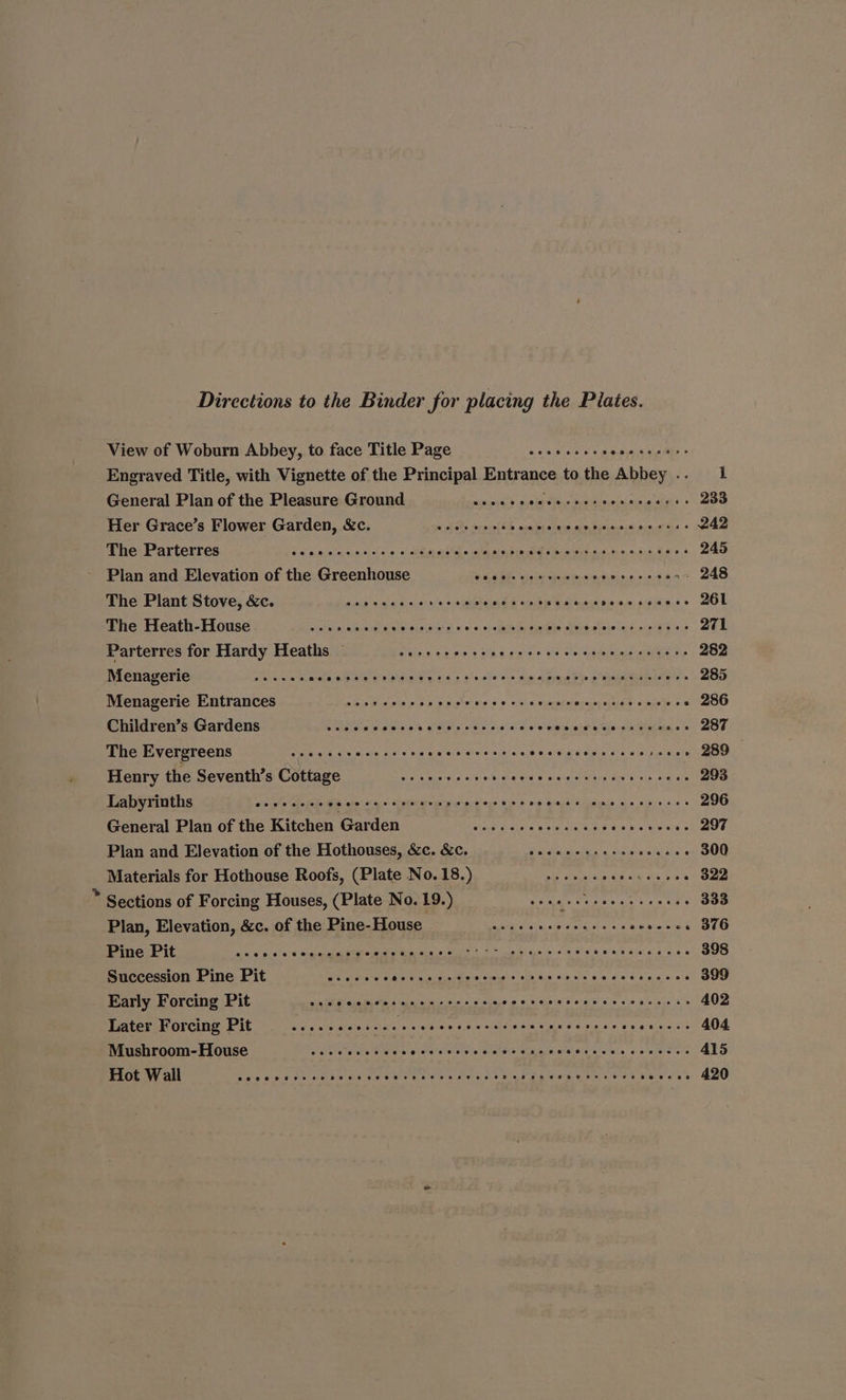 Directions to the Binder for placing the Plates. View of Woburn Abbey, to face Title Page == wea wees Sea ae « Engraved Title, with Vignette of the Principal Entrance tothe Abbey .. 1 General Plan of the Pleasure Ground cchusonas'y inna ter Sieue be nionsuesnasns cane. 250 Her Grace’s Flower Garden, &amp;C. = wee en eeveene Rig seats usyd sind + 242 The Parterres AW wales alts 6, saitsp aks cleat ee EE Poe 245 Plan and Elevation of the Greenhouse ad A elec elt in SERRA . 248 The Plant Stove, &amp;c. see cece reece scarce RWS muesd inion, sige OL The Heath-House _—_.... saeeee SP eLtB ate wn’ x: suey ahs Ben Ries we wed pi falas 271 Parterres for Hardy Heaths se ee eee eee e rece cere ce vere ee cars 282 Menagerie Pe al idea ald ti oko os ie Aer he pee 285 Menagerie Entrances = eet ee ee cere eneee § HiDtA, eisiastubenasomen trae cuewee’ © - 286 Children’s Gardens sis ww wwe Fes PET UNS otete is etc a as nik hata = 287 The Evergreens = ws ee ee eee seen Fee Seen Seiad dite Ws Dodane 289 Henry the Seventh’s Cottage «=e ee eee eet e cree cece es eeeeccnns . 293 Labyrinths weet aetle Se ee eerie ews eeevsens wip dents tats + sisllnie es 296 General Plan of the Kitchen Garden ae Eats wei age 8S dab a sore e's 297 Plan and Elevation of the Hothouses, &amp;c. &amp;C. eee ee eect eee ecaess 300 Materials for Hothouse Roofs, (Plate No.18.) ss ee ee eee, ie aa Oe * Sections of Forcing Houses, (Plate No. 19.) ween eens asec erence 333 Plan, Elevation, &amp;c. of the Pine-House wee ee eee eee eee eveeses 376 Pine Pit OE AMEE EY AO OLE OS OR EE pe es ee Eee 398 Succession Pine Pit —....... A Oe, OE EAR ee 399 Early Forcing Pit er ee ee ne jg etidiny Vega On &lt;n ete 402 Later Forcing Pit ....... eee eke ee oseees 404 Mushroom-House —C_se see eee eee wee dual sa Bie tgreate bin stare’ é Aulo'ee A415 Hot Wall Ske igs de weber aE oes MOE aa Pts SV are daa ee ee ot veeeee 420