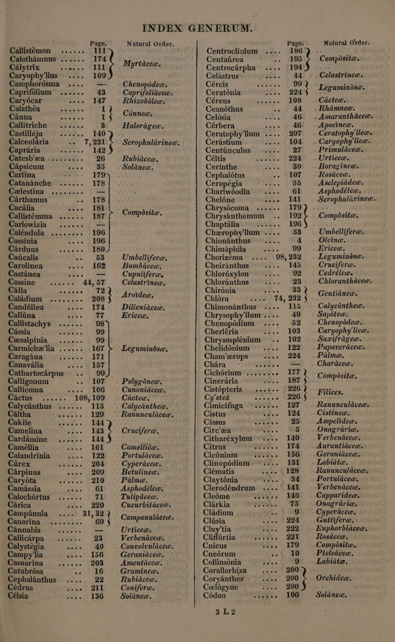 Callistemon ...... 111 Calothamnus ...... 174 Calytrix vakwne SEE Caryophy'llus.... 109 Camphorésma .... — Caprifolium ...... 43 Caryécar sees 147 Calathéa stints 1 Canna LEP EL 1 Callitriche ...... 3 Castilleja esceee 140 Calceolaria -- 7,231 Capraria........ - 142 Catesb'ea......... 26 Capsicum css Sao Carlina 179) Catananche ...... 178 Celestina Carthamus -» 178 Cacalia aes Yeh Callisteémma ...... 187 Carlowizia ...... — Caléndula ........ 196 Cassinia Sees BLOG Carduus senxes | E80) Caiicalis eo. ae Carolinea wis Bee Castanea 2...) = Cassine ...... 44,57 Calla eooveoe 72 Caladium ........ 208 Candéllea ce. Ve Callina ee Zid Callistachys ...... 98) Cassia wa... * 80 Cesalpinia ...... 99 Carmiche'lia ...... 167 Caragana ant. ETE Canavalia wees &amp; UOT Cathartocarpus .. 99 Calligonum -- 107 Callicoma ---- 106 C4ctus ....,. 108,109 Calyc4nthus ...... 115 C4ltha iat. Fae Cakile putea. baa Camelina ee 63 Cardamine ...... 144 Cameéllia wees JBL: Calandrinia ue. hoe Carex oe See Carpinus esse 209 Caryota lay.. 9210 Camassia oes. Se Calochértus ...... 71 Carica aes 6220 Campanula .... 31,32 Canarina ........ 69 Cannabis uss Callicarpa = ...... 23 Calystégia ooee 40 Campyia acs» 156 Casuarina dines Bou Catabrosa_ 3. PD Cephalauthus .... 22 Cédrus wc} SLL Célsia to Ts6 Rhizobdlee. Haloragee. Bombacee, Cupulifere. Celastrinee. Dilleniacee. Ericee. Legumindse, Cunoniacee. Calycanthee, Ranunculdacee. Crucifere. Camelliée. Portulacee. Cyperacee. Betulinee. Palme. Asphodélee. Tulipacee. Cucurbitacee. Campanulacee. Urticee. Verbendcee. Convolvulacee. Geranidcee. Amentacea. Graminee. Rubiaceae. Conifer. Solinee. Natural Order. Centroclinium .... 186 Centatrea -- 195 Centrocérpha .... 194 Celastrus wa. < 44 Cércis OP Saar 99 Ceratonia we. DRe Céreus veate. §108 Ceanothus - 44 Celosia seth 2 AES Cérbera con's 4°40 Ceratophy'llum .... 207 Cerastium tee» < 1A Centdanculus Hey. ( 48% Céltig: Gee. 224 Cerinthe et, 30 Cephaldétus -- * 107 Ceropégia - .... 55 Charlwéodia 1, | Cheléne AS See: 9 | Chrysdcoma ...... 179 Chrysanthemum .. 192 Chaptalia ss... .- 196 Cherophy'llum .... 53 Chion4nthus uh... 4 Chimaphila ee. §_ 99 Chorizéma Cheiranthus woes 145 Chloréxylon oe. | Oe Chloranthus me... - 223 Chironia 7. Se Chlora 74, 232 Chimonanthus .... 115 Chrysophy'llum.... 49 Chenopodium .... 52 Cherléria re... 108 Chrysosplenium .. 102 Cheliddnium .... 122 Cham '‘zerops wees «6224 Chara oie. eS Cichérium ........ 177 Cineraria. PA. Ese Cistépteris ...+-. 226 Cy’stea coves COMO Cimicifuga ...... 127 Cistus Cissus Vea. 25 Circ'ea WES. 5 Citharéxylum .... 140 Citrus mim. lee Cicé6nium yep. 186 Clinopédium.... = 181 Clématis voce &amp; PRS Clayténia ie..) 34 Clerodéndrum .... 141 Cleome se... «646 Clarkia oP. FS Cladium ‘ 9 Clasia sees € 224 Cluy’tia vi. «6222 Cliffortia SO. DE Cnicus a. HO Cneorum ik WO Collinsonia Lf 9 Corallorhiza cave W200 Coryanthes’ 2. 20e Celégyne ~—..... —S- 200 Codon eee, 106 3L2 aw PR ed Le ; Asclepiadee. Asphodélee. Scrophulérinee. Unmbellifere. Oleine. Ericee. Leguminése. Crucifere. Cedrélea. Chloranthacee. Gentianee. Calycanthee. Sapdbtee. Chenopodee. Caryophy'llee. Saxifragee. Papaveracee. Palme. Characee. Composite. F ilices. Ranunculaceae. Cistinee. Ampelidee. Onagrarie. Verbenaicee: Geranidcee. Labidte. Ranunculdcee. Portulacee. Verbenadcee. Capparidee. Onagririe. - Cyperacee. Gutivfere. Euphorbiacee. Rosdcee. Composite. Pteledcea. Labidte. Solanew.