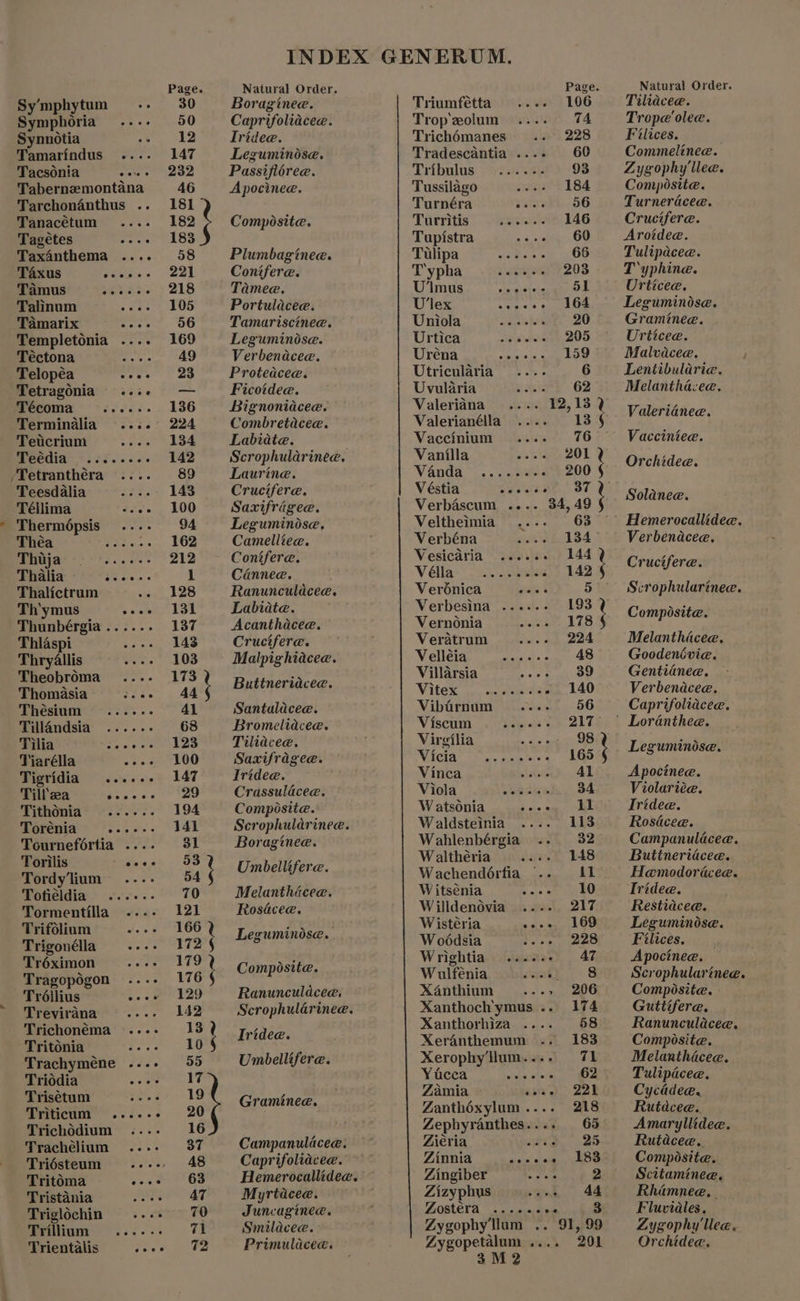 Page. Natural Order. Page Natural Order. Sy’mphytum - 30 Boraginee. Triumfetta 106 = Tiliacee. Symphoria - 50 Caprifoliacec. Trop zolum 74 Trope‘olee. Synnotia yom P- Tridee. Trich6manes .. 228 Filices. Tamarindus .... 147 Lezuminose. Tradescantia ...- 60 Commelinee. Tacsonia wow 2oo Passifloree. Tribulus = ....-- 93 Zygophy llee. Tabernemontana 46 Apocinee. Tussilago sau 184 Composite. Tarchonanthus .. 181 Turnéra sarah. 56 Turneracee. Tanacéetum 182 Composite. Turritis ...... 146 Crucifere. Tagétes ee PS Tupistra -o.oy GOO Arotdee, Taxanthema .... 58 Plumbaginee. Tulipa ....- 66 Tulipacee. Taxus vereas 22) Conifera. Typha ss ees 203 T‘yphine. Tamus Beene > 218 Tamee. U'lmus toacioucsmereue Urticee. Talinum cues 8 LOD Portulacee. U'lex sesiegsaryon tl Leguminose. Tamarix Sea OG Tamariscinee. Uniola, | cain 20 Graminee. Templetonia .... 169 Leguminose. Urtica weaves 205 Uriicee. Téctona Wee aD Verbendcea. Uréna vite aia aimee Lae Malvacee. Telopéa eres) oe Proteaceae. Utricularia .... 6 Lentibularie. Tetragonia «... — Ficotdee. Uvularia Ele 62 Melanthacee. Técoma ...... 136 Bignoniacee. Valeriana 12,13) Valerié Terminalia .... 224 Combretacee. Valerianélla ... 13 § een a Teticrium Agee Labidte. Vaccinium .... 76 Vacciniee. Teéedia*:.:<..... 142 Scrophularinee. Vanilla sehen 2OL j ‘Tetranthéra .... 89 Waevinge Vanda... oat? 200 ; Orchidee. Teesdalia 22.- 143 Cruciferae. Véstia Ew idaee OF Po Sola Téllima tise, 300 Saxifrigee. Verbdscum .... 34, 49 ; ce ’ Thermdpsis .... 94 Leguminose, Veltheimia .... 63 Hemerocallidee. UC i eee 162 Camelliee. Verbéna 134 Verbendcee. Thuja Tastee 21S Contfere. Vesicaria ...... 144 hig reer: 18 Cénnen. Vélla- 520 inde 5 149 , ah ia Thalictrum eal 128 Ranunculaceae. Verdénica pane 5 Scrophularinee. Th'ymus Seer Lok Labiate. Verbesina ...... 193 me Thunbérgia aera 137 Acanthacee. Vernonia 178 t Composite. Thlaspi 143 Cruciferae. Veratrum 224 Melanthicee. ThryAllis 103 Malpighiacee. Velléia, © ow. 48 Goodenivie. Theobroma cea ye: tea Villarsia Sa ee Gentidnee. Thomasia sees §=644 i BROTERAGR ES: VifOX sey scceunlse - 140 Verbendcee. Thesium ....-- Al Santaldcee. Vibarnum=...- ~— 56 Caprifoliacee. Tillandsia ...... 68 Bromeliacea. seat aay aiie 217° = ~Lordnthea. Tilia Pew ep eas Tilidacee. irgilia 98 igi haat Tiarélla .»» 100 Saxifragee. Wielat (! ~ na ste 165 Leguminose. Tigridia ...... 147 Iridee. Vinca 4l Apocinee. Till'zea Te es Crassulacee. Viola >.aeleee sive. 34 Violarié@. Tithonia' ...... 194 Composite. Watsonia i ste age TRE Iridee. Torénia Rte es a VEE Scrophuldrinee. Waldsteinia 113 Rosdceae. Tournefortia .... 31 Boraginee. Wahine -- 32° Campanulacee. Torilis aeiace Uo ; altheria » 148 Buttneriacee. Tordy'lium 54 i Umbellifere. Wachendérfia -.. ILI Hemodoricee. Tofiéldia ...... 70 Melanthiécea. Witsénia oe oe ee Iridee. Tormentilla .... 121 Rosacea. aneeatee 217 Restiacee. Trifolium ..-- 166 cos eee istéria ences. 2O Leguminose. Trigonélla.--. 172 Leguminegg, vous ~* 228 Eutiee | Tréximon ...- 179 ~ a rightia. «se... 47 pocinee. Tragopégon .... 176 ; COMPOSE Wulfenia Jat oS Scrophularinee. Trdéllius ae ee hag Ranunculdcea. Xaénthium ..., 206 Composite. Trevirana 142 Scrophularinee. Xanthoch'ymus .. 174 Guttifere. Trichonéma ..-- 132 Tete Xanthorhiza .... 58 Ranunculdacee. Tritonia 184 ; Xer4nthemum 183 Composite. Trachyméne ...- 995 Umbellifere. Xerophyllum.... 71 Melanthicee. Triddia SPOOL TF ieee RR tty Tulipicee. Trisétum moa 1D , amia anes) 22k Cycadee. Triticum ....-- 20 Granites Zanthéxylum.... 218 Rutdeeat Trichoddium ...- 16 Zephyranthes.... 65 Amaryllidee. Trachélium ...- 37 Campanulacee. Ziéria neve. 25 Rutdcee.. Triésteum Pia 48 Caprifoliacee. Zinnia ihe ead ee Composite. Tritoma doce 6S Hemerocallidea. Zingiber sb te 2 Scitaminea. Tristania Ae AT Myrtacee. Zizyphus .... 44 Rhaimnee, Triglochin seco TO Juncaginee. Zostera, ~s cremun aoe 3 Fluviales. Deities: .-. = 7 Smilacee. : Zygophyllum .. 91, 99 Zygophy'llee. Trientalis Veed: 2 Oe Primulacee. 201 Orchidee. Zygopetalum ....