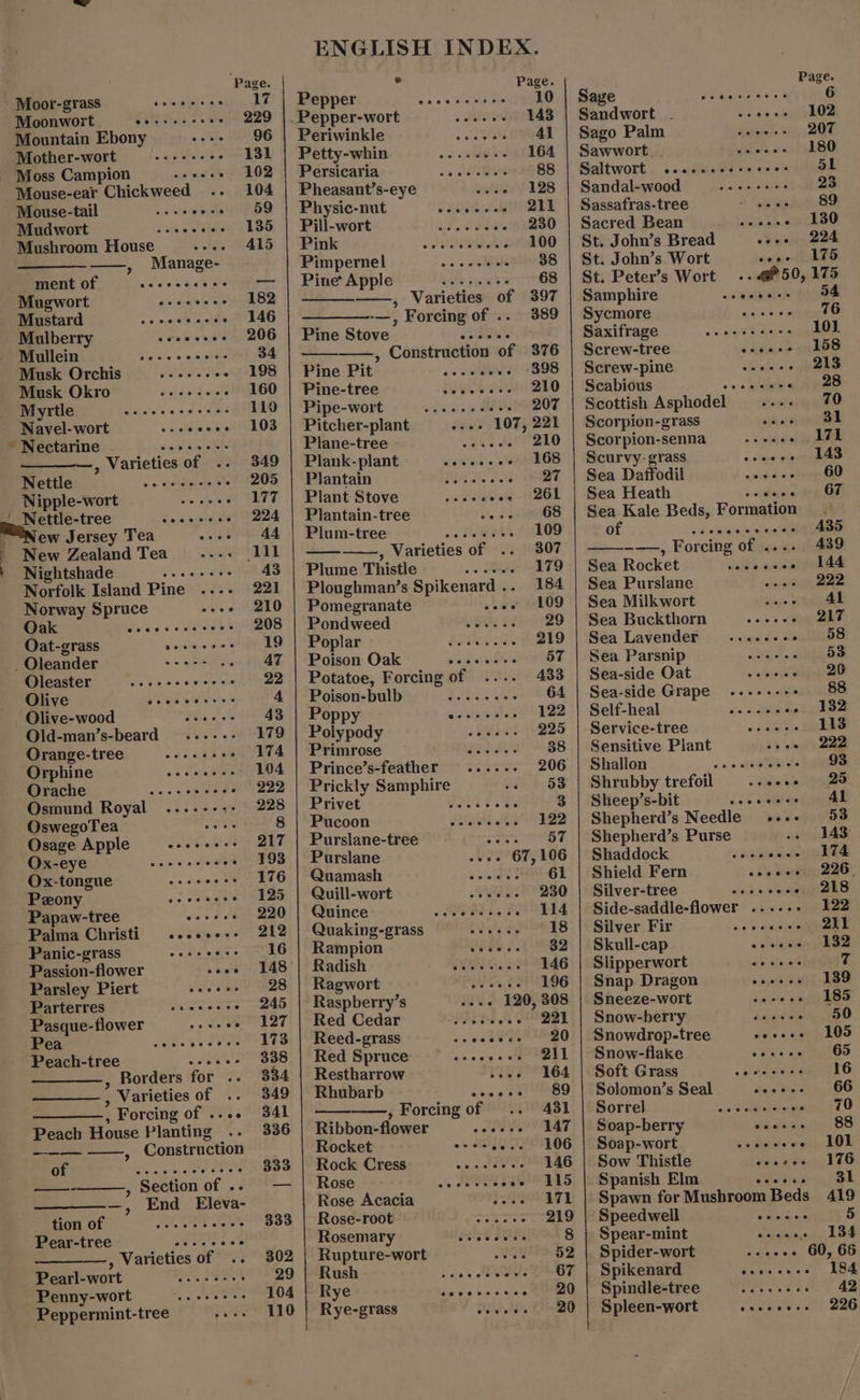 - Moor-grass Moonwort ea tivtie:s & ae Mountain Ebony ode Mother-wort Mouse-ear Chickweed a, Mouse-tail Mudwort Mushroom House abate Manage- 3 ment of Mugwort Mustard Mulberry Mullein Musk Orchis Musk Okro Myrtle Navel-wort ~ Nectarine e@oooeee @ e@oceoeoeceseo® Nettle Nipple-wort ae ende ‘ Nettle-tree New Zealand Tea Nightshade Norfolk Island Pine ...- Norway Spruce Oak Svrae's aia? : Oat-grass a aye ecetan . Oleander Oleaster Olive Olive-wood Old-man’s-beard Orange-tree cache ee Orphine 0 3 eaters Orache Osmund Royal | OswegoTea eee Osage Apple Ox-eye Ox-tongue Peony fae Papaw-tree Palma Christi Panic-grass Ay rT Passion-flower Parsley Piert Parterres Pasque-flower oe ee Pea apres Peach-tree eooeaeoeoeoe eoeere0 eooee® , Borders f6¥F °F ° Varieties of (4% ——— ° Forcing of . Peach House Planting Construction , Section of 23 bt End _ Eleva- oe eee of > , Varieties oF Pearl-wort Penny-wort Peppermint-tree ees ENGLISH INDEX. * Page. Pepper R's ote ee 10 .Pepper-wort =—s waa es 143 Periwinkle — ....s- Al Petty-whin —...- eee 164 Persicaria = ww ee wee Pheasant’s-eye metal Physic-nut Pill-wort eecnoeereee Pinks xcses) -. SPN - 100 Pimpernel _—_ «see ws 38 Pine Apple —..- - ss s 68 ——, Varieties of 397 — ’ Forcing of .. 389 Pine Stove —_———,, Construction of 376 Pine Pit’ 398 Pine-tree Pipe-wort =. sw ee eee Pitcher-plant --+- 107, 221 Plane-tree Plank- plant aerial Plantain Plant Stove Plantain-tree edie Plum-tree So RTA —— ——,, Varieties of e@ooeoe ee oe Plume Thistle —...-.- 179 Ploughman’s Spikenard.. 184 Pomegranate coe 4809 Pondweed ~— «ee->s 29 Poplar Kiden i fB19 Poison Oak sicidsin de CAeheT Potatoe, Forcing of 433 Poison-bulb —...... «s+ 64 Poppy eortapenee 122 Polypody — -eeees 225 Primrose “© 0) toee 24% 38 Prince’s-feather .....- 206 Prickly ease ie 153 Privet ie Bie 3 Pacoon ++ stlesti et? 122 Purslane-tree 4 57 Purslane oer 67, 106 Quamash Pe 8 61 Quill-wort R280 Quince OPO Rha Fe 114 Quaking-grass = «+ + +s 18 Rampion eS LOS Radish««*: (: 4?BBiE 146 Ragwort 2Ex196 Raspberry’s veee 120, 308 Red Cedar #3..% CEPQS1 Reed-grass eeees 20 Red Spruce ae St 211 Restharrow Tye Fo 964 Rhubarb wone deseo — , Forcing of 431 Ribbon-flower meek EY yf Rocket orseee.- 106 Rock Cress wn HOUT. 146 Rose 5 RN EAS Rose Acacia i198VR 1 Rose-T60e e718 woe 219 Rosemary ceeees 8 Rupture-wort PENH D2 Rush 5 lee ethers 67 Rye Rye-grass Page Sage Se ee 6 Sandwort . eee hy Sago Palm se ee es 207 Sawwort . i do. 0 PEO Saltwort cesewccssecses SL Sandal-wood ~—_..+-+=->- 25 Sassafras-tree ‘ 89 Sacred Bean «eee 130 St. John’s Bread o “wei eee St. John’s Wort deed Qh RG St. Peter’s Wort .- @50, 175 Samphire ate sae Sycmore =. eeeeee 76 Saxifrage wa ae has 1013. Screw-tree ere Screw-pine caale cogs. Scabious « eharkrel AAS Scottish Asphodel 70 Scorpion-grass 31 Scorpion-senna «sida wee Scurvy- grass «, viopar ates Sea Daffodil ea 60 Sea Heath » «yep atoriangy Sam Sea.Kale Beds, Formation © GE'S Qa a ae »o aaig tao -——, Forcing of 3s 439 Sea Rocket viele aad en he Sea Purslane nphoxeen Sea Milkwort ase iE Sea Buckthorn ~—_...--- 217 Sea Lavender sveuds sauae Sea Parsnip weer ee 53 Sea-side Oat —s_ eee ee 20 Sea-side Grape ..----- mre Self-heal = = =—s ws ee ee -. 1382 Service-tree = we eee 113 Sensitive Piant 2} ‘sled Some Shallon. <.. , . .. <0 tf ut 4p gS Shrubby trefoil hae Sheep’s-bit ok cape Ak Shepherd’s Needle «..- 53 Shepherd’s Purse 143: Shaddock sedated gQed Shield Fern + sekiesty 220, Silver-tree wn se aS Side-saddle-flower ...... 122 Silver Fir + faze aoa Ee Skull-cap oo slaceihy eee Slipperwort a> tems 7 Snap Dragon «sekteea kee Sneeze-wort iniev es 185 Snow-berry = =——sseeee yah Snowdrop-tree oe eo eyen LOS Snow-flake sane sages Soft Grass ; ears 16 Solomon’s Seal dies thie ne OG Sortel 2 6. sete pens Peer A Soap-berry dadeeacn) BS Soap-wort cette wag LOL Sow Thistle sarneen eG Spanish Elm We etre SE Spawn for Mushroom Beds 419 Speedwell Cc awe 5 Spear-mint ae seats tee Spider-wort --- 60, 66 Spikenard aac ey 184 Spindle-tree _....- sve. ) 42 Spleen-wort cede craw 2uG