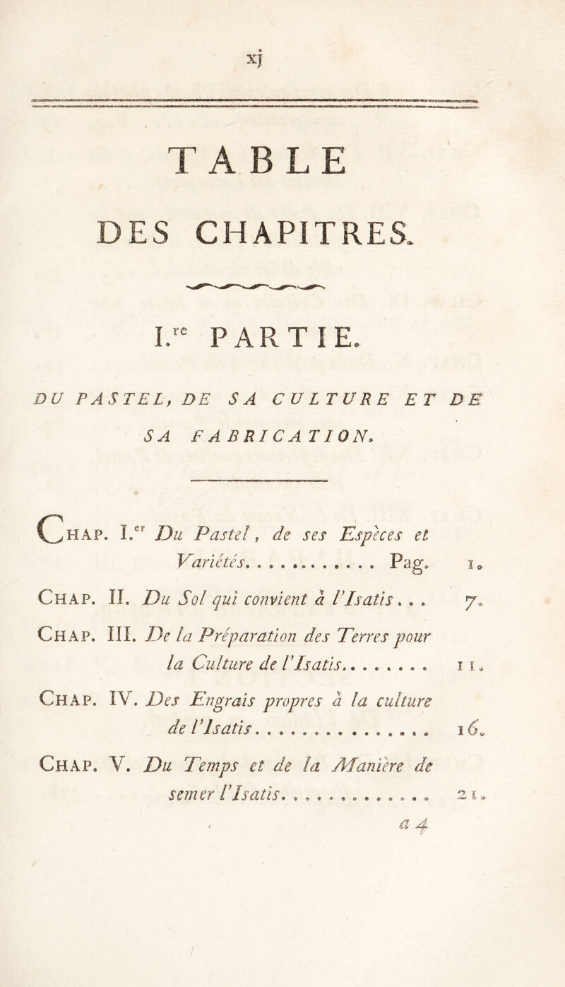 DES CHAPITRES. I,re PARTIE. DU PASTEL, DE SA CULTURE ET DE SA F ABRLCAT LON. € H Ap. Ler Du Pastel, de ses Especes et Variétés Pag, 10 Chap. IL Du Sol qui convient a iIsatis. . . y. Ch A P. ÏII. De la Préparation des Terres pour la Culture de VIsatis n. Chap. IV. Des Engrais propres a la culture de l’Isatis . . 16» Chap. V. Du Temps et de la Manière de semer l’Isatis. ............ 21*