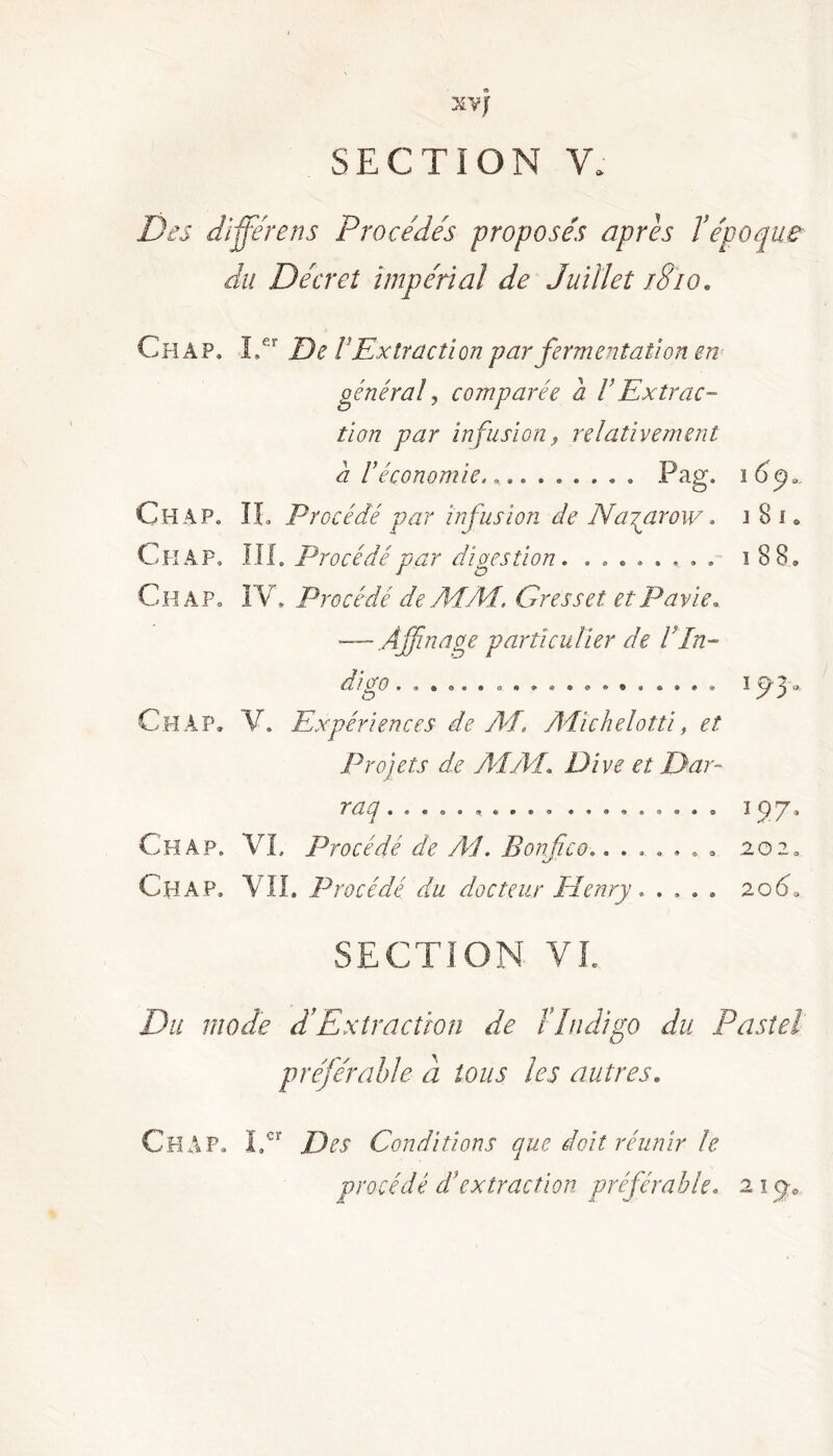 SECTION Y. Des diffère ns Procédés proposés apres T époque du Décret impérial de Juillet jSio„ Ch A P» IV De F Extraction par fermentation en général , comparée a F Extrac- tion par infusion, relativement a F économie, Pag. i 6<p, Ch AP. II. Procédé par infusion de Na^arow. jSi® Cil AP, III. Procédé par digestion. ........ i 88» Ch AP. IV. Procédé de A4 A4. Grès s et et Pavie. '—~ Affinage particulier de F In- digo ................... i93 » Ch A P. V. Expériences de A4, Alichelotti, et Projets de A4 AI. Dive et Dar- raq.......... ......... 197. Ch ap. VL Procédé de A4. Bonfco........ 202. Chap. VII. Procédé du docteur Henry . .... 2060 SECTION VL Du mode J Extraction de l’Indigo du Pastel préférable à tous les autres. Ch A p. IV Des Conditions que doit réunir le procédé cFextraction préférable. 219-,