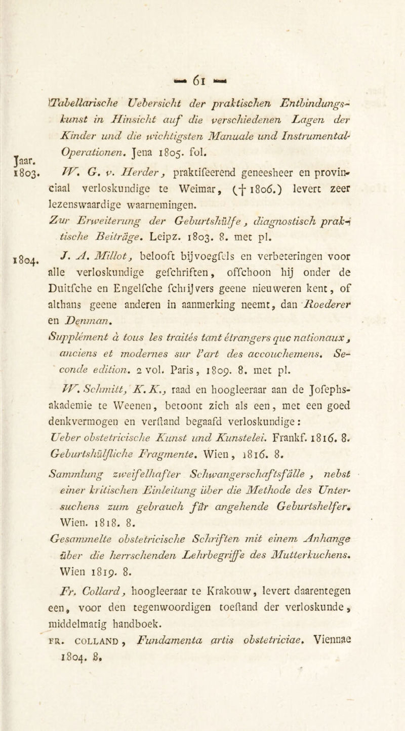 ïTabellarische Uebersicht der prakt ischen Entbindungs- kunst in Hinsicht auf die verschiedenen Lagen der Kinder und die wichtigs ten Manuals und Instrumental Operationen. Jena 1805. fol. j nar« 1803. IV, G. v. Herder, praktifeerend geneesheer en provin- ciaal verloskundige te Weimar, (^-j-1806.) levert zeer lezenswaardige waarnemingen. Zur Erweiterung der Geburtshulfe, diagnostisch prah-i tische Beitrage, Leipz. 1803. 8. met pi. 1804. Millot, belooft bijvoegfcls en verbeteringen voor alle verloskundige gefchriften, offeboon hij onder de Duitfche en Engelfche fchiijvers geene nieuweren kent, of althans geene anderen in aanmerking neemt, dan Roederer en Denman, Supplément a tous les traités tant Strangers que nationaux, anciens et moclernes sur Vart des accouchemens. Se- conde edition. 2 vol. Paris, 1809. 8. met pl. IV. Schmitty K.K.y raad en hoogleeraar aan de Jofephs- akademie te Weenen, betoont zich als een, met een goed denkvermogen en verhand begaafd verloskundige: Ueber obstetricische Kunst und Kunstelei, Frankf. 18ld. 8. Geburtshüljliche Fragmente. Wien, 181 <5. 8. Sammlung zweifelhafter Schwangerschaftsfalle , nebst einer kritischen Einleitung ïiher die Methode des Unter- snellens zum gebrauch fiïr angehende Geburtshelfer• Wien. 1818. 8. Gesammelte obstetricische Schriften mit einem Anhange über die herrschenden Lehrbegrijfe des Mutterkuchens. Wien 1819. 8. Fr. Collard, hoogleeraar te Krakouw, levert daarentegen een, voor den tegenwoordigen toeftand der verloskunde, middelmatig handboek. FR. coLLAND, Fundameiita artis obstetriciae. Viennae 1804. 8.