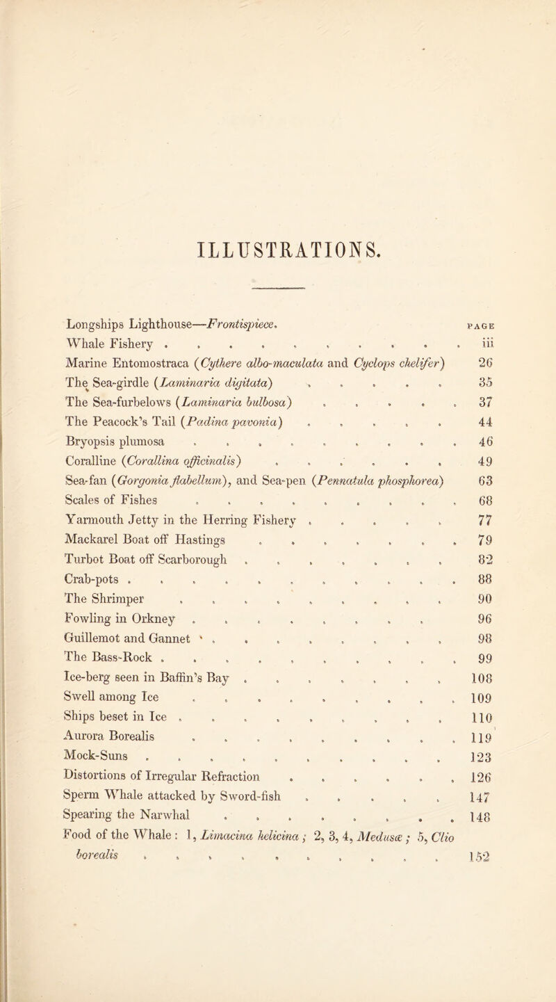 ILLUSTRATIONS. Longships Lighthouse—Frontispiece. PAGE Whale Fishery ........ 9 1 iii Marine Entomostraca (Cythere albo-maculata and Cyclops chelifer) 26 The Sea-girdle (Laminaria digitata) a o 35 The Sea-furbelows (Laminaria bulbosa) ® 6 37 The Peacock’s Tail (Padina pavonia) 6 • 44 Bryopsis plumosa ....... 0 8 46 Coralline (Corallina officinalis) . • 6 49 Sea-fan (Gorgonia flabellum), and Sea-pen (Pennatula phospliorea) 63 Scales of Fishes ....... » *> 68 Yarmouth Jetty in the Herring Fishery . 0 b 77 Mackarel Boat off Hastings ..... 6 6 79 Turbot Boat off Scarborough ..... 6 S> 82 Crab-pots ......... b 9 88 The Shrimper ....... t * 90 Fowling in Orkney ....... . 96 Guillemot and Gannet * . 8 9 98 The Bass-Rock ........ 8 b 99 Ice-berg seen in Baffin’s Bay ..... b b 108 Swell among Ice ....... ft 8 109 Ships beset in Ice . 8 b 110 Aurora Borealis ....... 0 8 119 Mock-Suns ........ 8 » 123 Distortions of Irregular Refraction .... 9 8 126 Sperm Whale attacked by Sword-fish b b 147 Spearing the Narwhal ...... • 0 148 Food of the Whale : 1, Limacina helicina; 2, 3, 4, Medusa ; 5, Clio borealis . 1.52