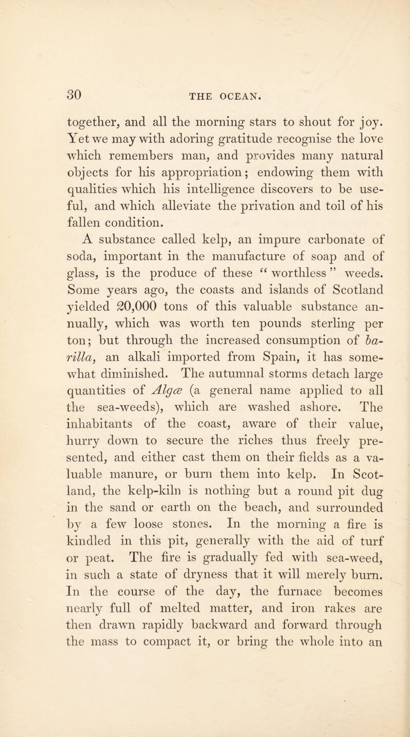 together, and all the morning stars to shout for joy. Yet we may with adoring gratitude recognise the love which remembers man, and provides many natural objects for his appropriation; endowing them with qualities which his intelligence discovers to be use- ful, and which alleviate the privation and toil of his fallen condition. A substance called kelp, an impure carbonate of soda, important in the manufacture of soap and of glass, is the produce of these “ worthless ” weeds. Some years ago, the coasts and islands of Scotland yielded 20,000 tons of this valuable substance an- nually, which was worth ten pounds sterling per ton; but through the increased consumption of ba- rilla, an alkali imported from Spain, it has some- what diminished. The autumnal storms detach large quantities of Algce (a general name applied to all the sea-weeds), which are washed ashore. The inhabitants of the coast, aware of their value, hurry down to secure the riches thus freely pre- sented, and either cast them on their fields as a va- luable manure, or burn them into kelp. In Scot- land, the kelp-kiln is nothing but a round pit dug in the sand or earth on the beach, and surrounded by a few loose stones. In the morning a fire is kindled in this pit, generally with the aid of turf or peat. The fire is gradually fed with sea-weed, in such a state of dryness that it will merely burn. In the course of the day, the furnace becomes nearly full of melted matter, and iron rakes are then drawn rapidly backward and forward through the mass to compact it, or bring the whole into an