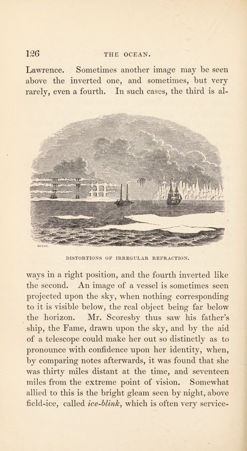 Lawrence. Sometimes another image may be seen above tbe inverted one, and sometimes, but very rarely, even a fourth. In such cases, tbe third is al- D1STORTIONS OF IRREGULAR REFRACTION. ways in a right position, and tbe fourth inverted like the second. An image of a vessel is sometimes seen projected upon the sky, when nothing corresponding to it is visible below, the real object being far below the horizon. Mr. Scoresby thus saw his father’s ship, the Fame, drawn upon the sky, and by the aid of a telescope could make her out so distinctly as to pronounce with confidence upon her identity, when, by comparing notes afterwards, it was found that she was thirty miles distant at the time, and seventeen miles from the extreme point of vision. Somewhat allied to this is the bright gleam seen by night, above field-ice, called ice-blink, which is often very service-