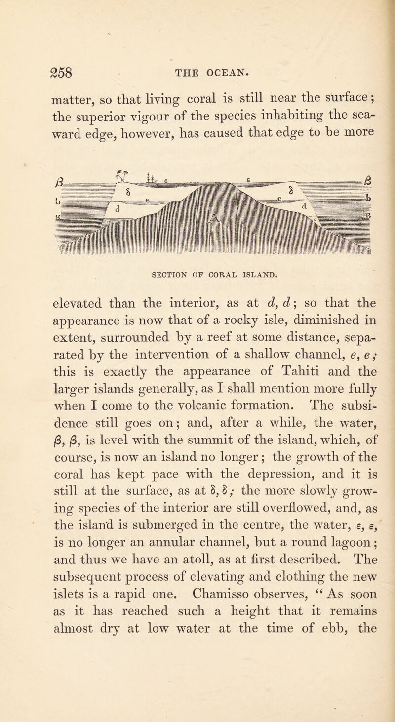 matter, so that living coral is still near the surface; the superior vigour of the species inhabiting the sea- ward edge, however, has caused that edge to he more elevated than the interior, as at d, d; so that the appearance is now that of a rocky isle, diminished in extent, surrounded by a reef at some distance, sepa- rated by the intervention of a shallow channel, e, e ; this is exactly the appearance of Tahiti and the larger islands generally, as I shall mention more fully when I come to the volcanic formation. The subsi- dence still goes on; and, after a while, the water, (3, (3, is level with the summit of the island, which, of course, is now an island no longer ; the growth of the coral has kept pace with the depression, and it is still at the surface, as at 8, 8 ; the more slowly grow- ing species of the interior are still overflowed, and, as the island is submerged in the centre, the water, e, s, is no longer an annular channel, but a round lagoon; and thus we have an atoll, as at first described. The subsequent process of elevating and clothing the new islets is a rapid one. Chamisso observes, “ As soon as it has reached such a height that it remains almost dry at low water at the time of ebb, the