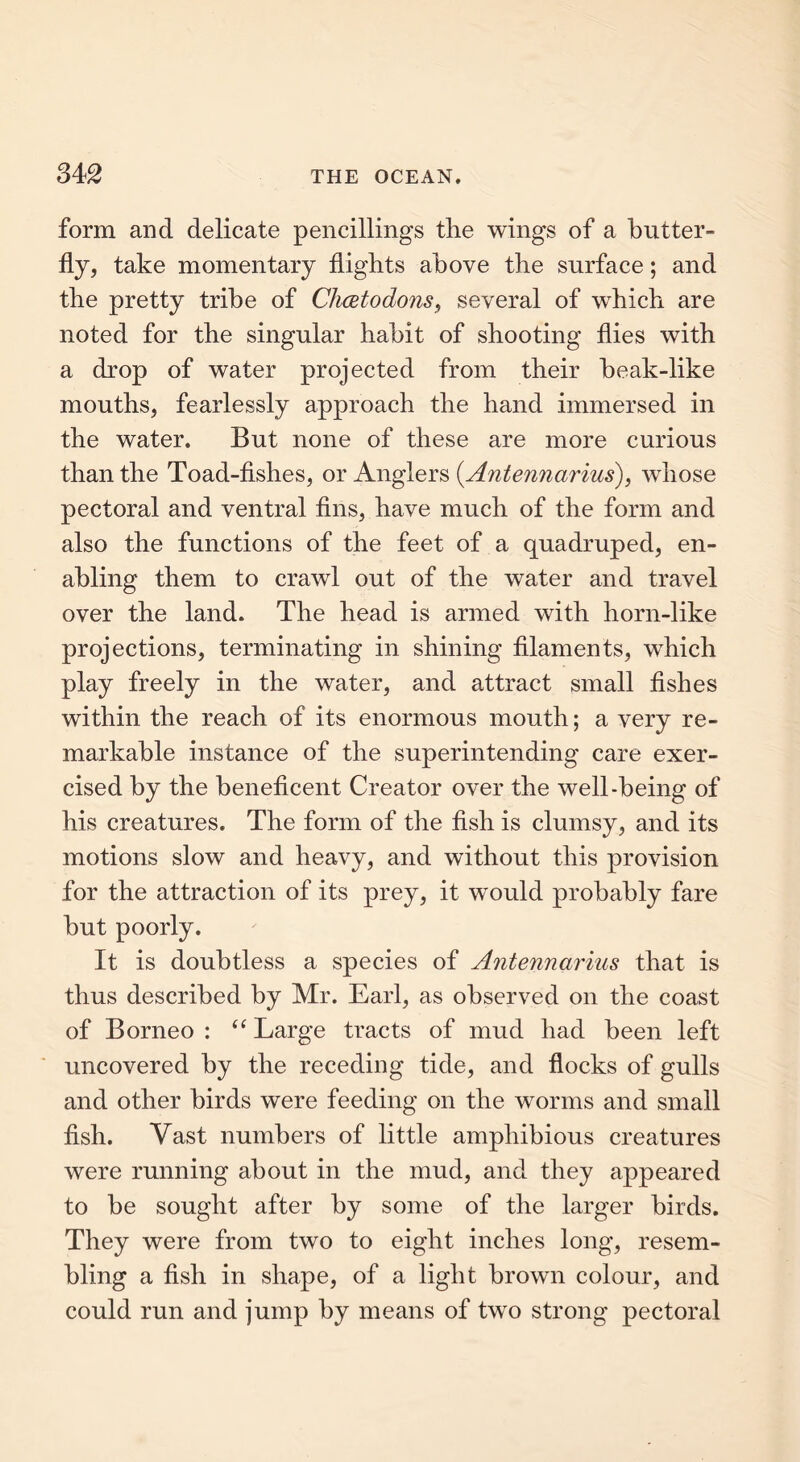form and delicate pencillings the wings of a butter- fly, take momentary flights above the surface; and the pretty tribe of Chcetodons, several of which are noted for the singular habit of shooting flies with a drop of water projected from their beak-like mouths, fearlessly approach the hand immersed in the water. But none of these are more curious than the Toad-fishes, or Anglers (.Antennarius), whose pectoral and ventral fins, have much of the form and also the functions of the feet of a quadruped, en- abling them to crawl out of the water and travel over the land. The head is armed with horn-like projections, terminating in shining filaments, which play freely in the water, and attract small fishes within the reach of its enormous mouth; a very re- markable instance of the superintending care exer- cised by the beneficent Creator over the well-being of his creatures. The form of the fish is clumsy, and its motions slow and heavy, and without this provision for the attraction of its prey, it would probably fare but poorly. It is doubtless a species of Antennarius that is thus described by Mr. Earl, as observed on the coast of Borneo : “ Large tracts of mud had been left uncovered by the receding tide, and flocks of gulls and other birds were feeding on the worms and small fish. Vast numbers of little amphibious creatures were running about in the mud, and they appeared to be sought after by some of the larger birds. They were from two to eight inches long, resem- bling a fish in shape, of a light brown colour, and could run and jump by means of two strong pectoral