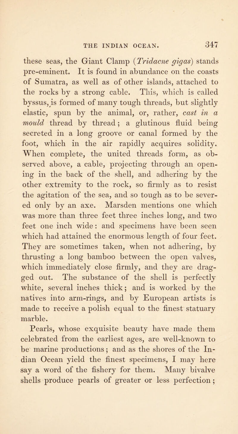 these seas, the Giant Clamp (Tridacne gig as) stands pre-eminent. It is found in abundance on the coasts of Sumatra, as well as of other islands, attached to the rocks by a strong cable. This, which is called byssus, is formed of many tough threads, but slightly elastic, spun by the animal, or, rather, cast in a mould thread by thread; a glutinous fluid being secreted in a long groove or canal formed by the foot, which in the air rapidly acquires solidity. When complete, the united threads form, as ob- served above, a cable, projecting through an open- ing in the back of the shell, and adhering by the other extremity to the rock, so firmly as to resist the agitation of the sea, and so tough as to be sever- ed only by an axe. Marsden mentions one which was more than three feet three inches long, and two feet one inch wide: and specimens have been seen which had attained the enormous length of four feet. They are sometimes taken, when not adhering, by thrusting a long bamboo between the open valves, which immediately close firmly, and they are drag- ged out. The substance of the shell is perfectly white, several inches thick; and is worked by the natives into arm-rings, and by European artists is made to receive a polish equal to the finest statuary marble. Pearls, whose exquisite beauty have made them celebrated from the earliest ages, are well-known to be marine productions ; and as the shores of the In- dian Ocean yield the finest specimens, I may here say a word of the fishery for them. Many bivalve shells produce pearls of greater or less perfection;