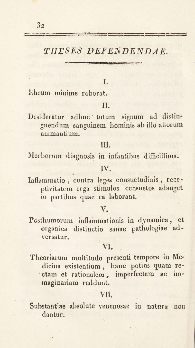 THESES DEFENDENDAE. I. Kheum minime roborat. II. Desideratur adhuc ' tutum signum ad distin- guendum sanguinem hominis ab ilio aliorum animantium. III. Morborum diagnosis in infantibus difficillima. IV. « Inflammatio , contra leges consuetudinis , rece- ptivitatem erga stimulos ccnsuetos adauget iu partibus quae ea laborant. V. Posthumorum inflammationis in dynamica, et organica distinctio sanae pathologiae ad- versatur. VL Theoriarum multitudo presenti tempore in Me- dicina existentium ? hanc potius quam re- ctam et rationalem, imperfectam ac im- maginariam reddunt. VII. Substantiae absolute venenosae io natura non dantur.