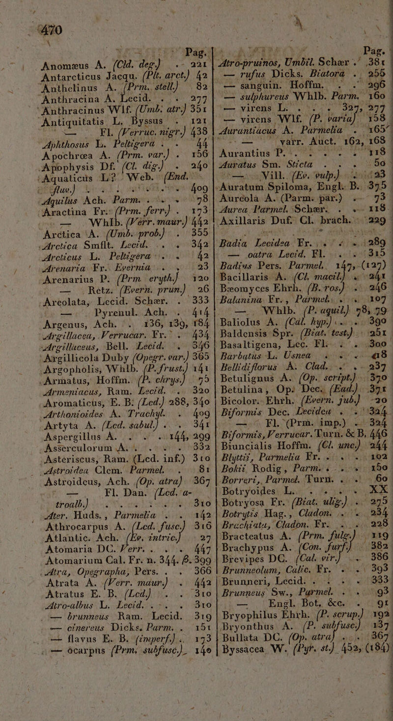 Anomwus Á. (Cl. deg) | .- a21 | Atro-pruinos, Umbil. Schar . ,38t Antarcticus Jacqu. (Pit. arct) 42 — rufus Dicks. B/atora ., 255 Anthelinus A. (Prm. stell) | 82| ( Anthracina À. Lecid. ... 277 ' Anthracinus Wf. (Um. atr.) 351 Antiquitatis L. Byssus . 12r U* XL 0 FL (Ferrue, nigr. 438 phthosus L. Peltgera . . Apochrea A. (Prm. ear.) . 156 JApophysis Df. (CL dig.) . 240 (Aqualicüs L? . Web. (End. - gEGAue) X4 Log ex ew 409 Adquilus Ach. Parm. . . « 98. Aractina Fr.: (Prm. ferr) . | 173 e— Whlb. (Férr. maur) 442 Arctica À. (Umb. prob) . 355 Zrctica Smflt. Lecid.. .. . 342 zircticus L. Peltigera .. . 42 Arenarta Wr.. Evernia/.. , 23 Arenarius P. (Prm eryth] | 120 — Retz. (Eeerm. prun.) 26 Areolata, Lecid. Scher. . 333 (o L0. Pyrenul. Ach. 5:414 — sanguin. Hoffm. . .' 996 | — sulphureus WV hlb. Parm. 160 . —- vireus DL: o. 572. 2389, 329 3 — virens Wf. (P. varia) 1958 - Aurantiácus .. Parmelia . 165. EUIS Zo var. Auct. 162. | Aurantius P. 5777-277 2 318] zuratus Sm. Stíicta . . . 50^ co—cooNill.. (Ee. vulp) 21233 | ; Auratum Spiloma, Engl. B. 325. Aurcolà A. (Parm. par.) .- 73 | Aurea Parmel Scher. . .. 118. Axillaris Duf: Cl. brách. 229 | Badia Lecidea Er... ^ 4 ..:289 | — oatra Lecíd. Fl... . (315 — Badius Pers. Parmel, 147, (127) Bacillaris À. (C4. unl .o2Át Beomyces Ehrh. (B.ros) .: 246 Balanina Yr., Parmel) . 107 —. . Whlb. (P.aguil) 98, 79 Baliolus A. (CaL hyp.]...... 390 Baldensis Spr. (Biat.' test.) 251. Basaltigena, Lec. Fl... . .3oeo. Barbatus Lh. Usneaà |. 48 Bellidiflorus À. Clad.. .' .. 237 Argenus, Ach. |. 136, 139, 194 vdrgillacea, .Verrucar. Fr. .— 494 vdrgilluceus, Bell. Lecid. '. 9346 Axrgillicola Duby (Opegr. ear.) 365 Argopholis, Whlb. (P. frust.) 141 Armatus, Hoffm.. (P. chrys. 5 | Betulignus À.. (Op. seript.) |. 550 rmeniacus, Ram. Lecíd. ... 320 | Betulina, Op: Dec. (Ead.). 371 | .Aromaticüs, E. B: (Led. 288, 34o | Bicolor.. Ehrh. (Evern. jub]) -20 rthonioides À. Trachy. . og | Biformis Dec. Lecideu . . 5/324 Artyta A. (Led. sabul) .. .. 341 Aspergillus À. . . . 144, 299. -Asserculorum ,À. , .- 9 . 332 Asteriscus, Ram. (Lcd. in£) 3:0 dstroidea. Clem. Parmel, | . 81 Astroideus, Ach. (Op. atra). 367 — Fl. Dan. (Lced.'a- thoai]. «V vil td ri nO ter, Huds., Parmelia . . 142 Athrocarpus A. (Led. fusc. 310 | Atlantic. Ach. (Es. ?ntric, 27 Atomaria DC. Ferr. .. . . 7 Atomarium Cal. Fr. n. 344. 8.399 tra, Opegrapha, Pers. . 366 Atrata À. (Ferr. maur) .. 442 Atratus E. B. (Lcd) 5... 310 tro-albus L. Lecid. . -. . 310 o— brunneus Bam. Lecid. 31:9 — cinereus Dicks. Parm. ..— 151 — flavus E. B. (émperf.) ... 173 ;o— 6carpus (Prm, subfusc.]. 140 L3 EL C(Prmiudmp) 2:984 Biformis,Verrucar. 'Vurn. &amp; B, 446 Biuncialis Hoffm. (C unc) 9244 Blyttii, Parmelia Fr... . 102 Bokii Rodig, Parm... « 150. Borrert,, Parmel, 'Yurn. .. .. | 60 Botryoides L. ^. . Botrytis Mag. , Cladon. .. ) 234 Brunnerij Lecid. . . . . 333 Brunneus Sw., Parmel. 1 — , Engl Bot, &amp;e.. . I] Bryophilus Ehrh. (P. scrup.] 193: Bryonthus A. (P. subfusc) 137 Bullata DC. (Op. atra) .... 967. Byssacea, W. (Py. st). 452, (194): -- 3