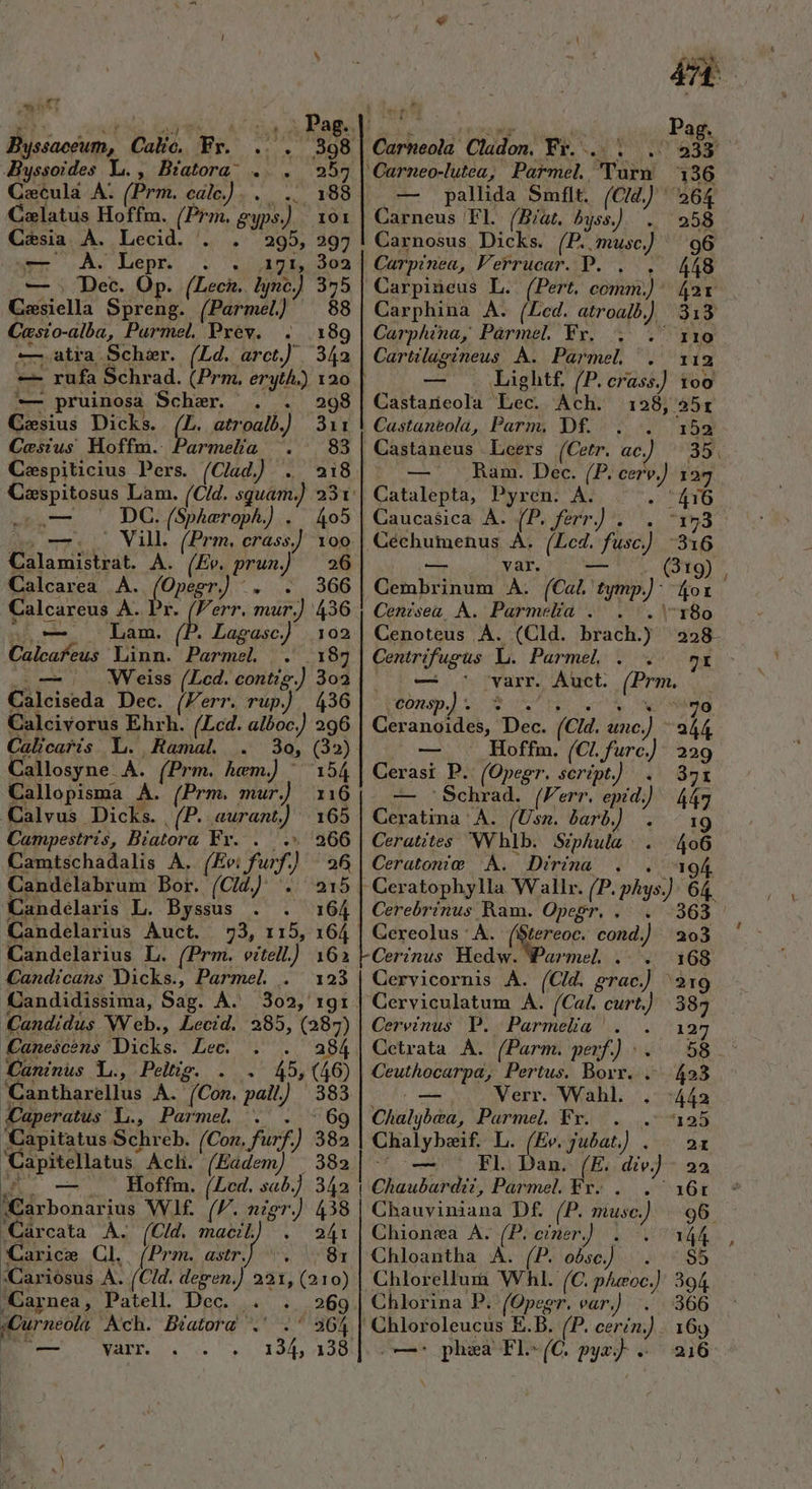 Byssaceum, Calic, Fr. ... 398 JByssoides L. , Biatora. .. . 954 Cecula A. (Prm. cale.) .. ./| 188 Calatus Hoffm. (Prm. gyps.) | 101 Casia À. Lecid. . . 295, 297 G— o À. Lepr . . . 71, 302 — . Dec. Op. (Lech. lync.] 375 Cosiella Spreng. (Parmel) 88 Casio-alba, Purmel, Prev. . 189 —— atra Schar. (Ld. arct.) 342 —- rufa Schrad. (Prm. eryt) 120 -— pruinosa Scher. . . 298 Cosius Dicks. (L. atroalb.) 311 Cesius Hoffm. Parmella ^. 83 Cespiticius Pers. (Clad.) . 218 — ^ DC. (Spheroph.) . 405 oo T7. 0 Vill (Prm. erass) oo Calamistrat. A. (Ev. prun) — 26 Calcarea A. (Opegr) .. . 366 Calcareus A. Pr. (Ferr. mur.) 436 ^o. Lam. (P. Lagasc) 102 Calcafeus linn. Parmel . 18 — Weiss (Lcd. contig.) 302 Calciseda Dec. (Ferr. rup.) 436 Calcivorus Ehrh. (Lcd. alboc,) 296 Calicaris L. Ramal. . 3o, (32) Callosyne. A. (Prm. hem.) ^ 154 Callopisma A. (Prm. mur.) 116 Calvus Dicks. | (P. aurant) Campestris, Biatora Fr. . .* 266 Camtschadalis A. (Ee furf) | 26 Candelabrum Bor. (Cid. . 215 Candélaris L. Byssus . . 164 Candelarius Auct. | 73, 115, 164 Candelarius L. (Prm. eitell) 163 Candicans Dicks., Parmel . 123 Candidissima, Sag. A. 302, rg1 Candidus NV eb., Lecid. 285, (287) &amp;anescens Dicks. Lec. OL Üaninus L., Peltig. . . 45,(406) Cantharellus À. (Com. pal) 383 Caperatus L., Parme. . . 6 Capitatus Schreb. (Con, furf.) 382 Capitellatus Acli. (Eadem) | 382 4.2 —.. Hoffm. (Led. sab.) 342 JCarbonarius Wf. (P. nzgr. 438 Carcata À. (Cid. macib] . 241 XCarice CL. (Prm. astr.J] ^. 81 Cariosus A. (Cid. degen.) 221, (210) « T 1 T — M ———— ————— M ———— ——————— H I »Curneola Ach. Béatorg .' ^ 364 p———— Carpinea, Ferrucar. P. . Carpineus L.. (Pert. comm): consp.) - M rS ERO ui D NUR Ceranoides, Dec. (C/d. unc.) - — Hoffm. (CI. furc.) Cerasi P. (Opegr. script.) . — 'Schrad. (Ferr. epíd;) Ceratma A. (Usn. barb.) . Ceratites NV hlb.. SzpAula Ceratonim .À. Dirina . . Ceratophylla Wallr. (P. phys.) Cerebrinus Ram. Opegr. ... Gereolus : A. reor cond.) Cerinus Hedw. Parme. ... Cervicornis A. (Cid. grac.) - Cerviculatum A. (Cat. curt.) Cervinus P. Parmelia . . Ccetrata. À. (Parm. perf.) : . Ceuthocarpa, Pertus, Borr. . — JWerr. Wahl. . Chaljbea, Parmel. Fr. . Chalybeif. L. (Ev. jubat.) 7-7 GEL) Dan. (E; div Chaubardzz, Pármel. Fv. . .^ Chauviniana Df. (P. miusc.) Chionea A. (P. einer. . -. Chloantha A. (P. o5sc.) Chlorina P. (Opegr. ear.) . Oe phaa Fl(C. pyzJ .- que tem Pag. | Carneola Cladon, Yv. .. . ./ 233 Carneo-lutea, Parmel. 'Turn | 136 — pallida Smílt. (CJ) 264 Carneus Fl. (Biat, byss.). . 258 Carnosus Dicks. (P. musc) 96 Carphina A. (Lcd. atroalb.) 313 Carphina, Paármel. Fx. . . 110 Cartilagineus k. Parmel, . ^ 112 — . Lightf. (P.crass.) oo Castaneola Lec. Ach. 128,951: Castangola, Parm. Df. 152 Castaneus .Leers (Cetr. ac.) ^ 35. — Ram. Dec. (P. cerv.) 123 Catalepta, Pyren. A. - 416 Caucasica A. (P. ferr.) . . *153 Céchumenus A. (Lcd. fusc) -316 — var. — (319) , Cembrinum À. (Cal tymp.): 4o Cenésea, A. Parmelia . . . x80 Cenoteus À. (Cld. brach.) 258- Centrifugus L. Parmel . . —o c]Yarrs Auct. (Prm. 79 244 229 371 447 498 194. 64. 363