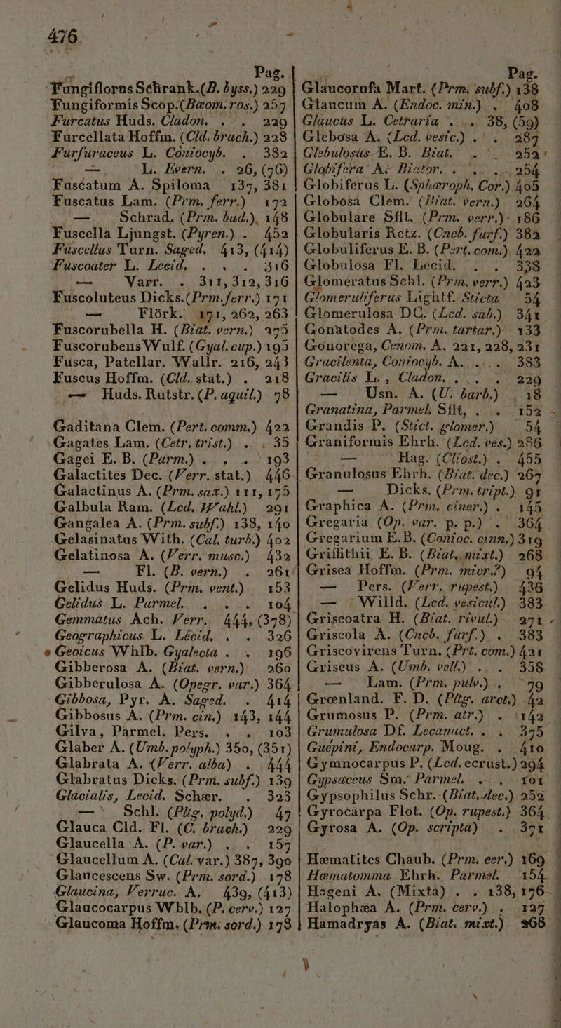 Yngiflorne Schirank.(7. PS a Fungiformis Scop.(J«om. ros.) 257 Furcatus Huds. Cladon. ... 229 Furcellata Hoffm. (Cid. brach.) aad Furfur aceus L. Coniocyb. 382 L. Eeern. . 26,(46) Fuscatum A. Spiloma 135, 381 Fuscatus Lam. (Prm. SCENE 172 Schrad. (Prm. bud.), 148 Fuscella Ljungst. (Pyren.) . 452 Fuscellus 'T urn. Saged. a (41) Fuscoater 1. Lecid. . . 316 Varr. . 311,3125,316 Fuscoluteus Dicks.(Prm ferr j) 171 Flórk. 171, 262, 263 Fuscorubella H. ( BZa£. vera.) 275 Fuscorubens Wulf. (Gyal. cup.) 195 Fusca, Patellar. Wallr. 216, 24? Fuscus Hoffm. (Cid. stat.) . 218 — Huds.Rutstr. (P. aqui) 78 ——— I Gaditana Clem. (Pert. js 422 Gagates Lam. (Cetr. trist.) .... 35 Gagei E. B. (Perm) . , . nd Galactites Dec. (err. stat.) 446 Galactinus A. (Prm. sax.) 111,175 Galbula Ram. (Led. aA.) | 291 Gangalea A. (Prm. subf.) 138, 140 Gdlási natus With. (Cal. turb.) 402 Gelatinosa À. (Ferr. musc.) 432 Fl. (B. eern.) . 261 Gelidus Huds. (Prm. vent.) | 153 Gelidus L. Parme... 104 Gemmatus. Ach. Ferr... 444, (378) Geographicus L. Léecid, . 326 s Geoicus W hlb. Gyalecta. . 196 Gibberosa AÀ. (Jat. veerm) | 260 Gibberulosa À. (Opegr. ear.) 364 Gibbosa, Pyr. À. Saged. . 414 Gibbosus À. (Prm. cin.) 143, 144 Gilva, Parmel. Pers. . . 103 Glaber À. (Umb. polyph.) 350, SM Glabrata A. (Ferr. alba) í Glabratus Dicks. (Prni. subf.) 139 Glacialis, Lecid. Schzr. 323 Schl. (Pltg. polyd. Glauca Cld. Fl. (C. A 4 n Glaucella À. (P. ear.) ... 15  Glaucellum A. (Cal. var.) 387, 390 Glaucescens Sw. (Prm. sord.) 178 Glaucina, Verruc. A. — 439, (413) Glaucocarpus W blb. (P. cere.) 127 - Glaucoma Hoffm, (Prin; sord.) 178 — a— ! — » MÀ MÀ LEG T MAII n cbr ma ocisi ccs sq a E USA D ape cedi cn intei aito pentéte tia i diserti] Mart. (Prm. sulf. ) * Glaucum A. (Endoc. min.) 408 Glaucus L. Cetraría .... 38, (59) Glebosa A. (Led. vesic.) .' . | 38 Glebulosüs- E. B. Biat. 252 Globifera: Ae Biator. . ... 394 Globiferus L. (Spheroph. Cor.) 405 Globosa Clem. (Jat. verm.) 264 Globulare. Sflt. (Prm. eerr.)- 186 Globularis Retz. (Cn. fuf.) 382 Globuliferus E. B. (Pert. com.) 422 Globulosa Fl. Lecid. . . 338 Glomeratus Schl. (Prm. verr.) (a3 Graniformis Ehrh. (Led. ves.) 286 Hag. (CÉost.) . 455 Granulosus Ehrh. (Z/a£. dec.) 265 Dicks. (Prm. tript.) Te — Graphica A. (Prim, einer.) «145 Gregaria (Op. ear. p. p.) - E Greg: arium E.B. (Conioc. AES Gill thi E. B. (Eiat,. mist.) 268 Grisea Hoffm. (Prm. micr?) 94 — Pers. (Ferr. rupest.) |. 436 — Willd. (Led. veszcu-) 383 Griseoatra H. (B/at. rivuL) | 271 Griseola À. (Cncb. furf.) . 383 Griscovirens Turn. (Prt. com.) at Griseus A. (Umb. vell.) P Su Lam. (Prm. pulv.) ...— ulia F. D. (P/tg. aret.) is  Grumosus P. (Prm. atr.) . Grumwulosa Df. Lecanact. ..— Guepini, Endocarp. Moug. . G ymnocarpus P. (Lcd. ecrust.) 294 Gupsaceus Sm. Parmel... .. Tor — Rurocárpa Flot. (Op. rupest.) 364. Y. Gyrosa A. (Op. scripta) 371 Homatites Chaub. (Prm. eer.) 169 Hamatomma Ehrh. Parmel — 3154. Hageni A. (Mixta) . . 138, 176- - Halophaa À. (Prm. Bros -..125 Hamadryas À. (Biat, miat.) *68 omeruliferus lAghtf. Steta — 54 Glomerulosa DC. (Led. sab.) 34x Gonautodes À. ( Prm. tartar) 133 Gonorega, Conan. À. 221, 228, 231 Gracilenta, Contocib. A. . .383 Gracilis L. , Cladon. . . 220 . — Ui A. (U. Barb ,. 38 Granatina, Parmel, Stlt, .....— 152 Grandis P. (Sect. pibmpP) | | |