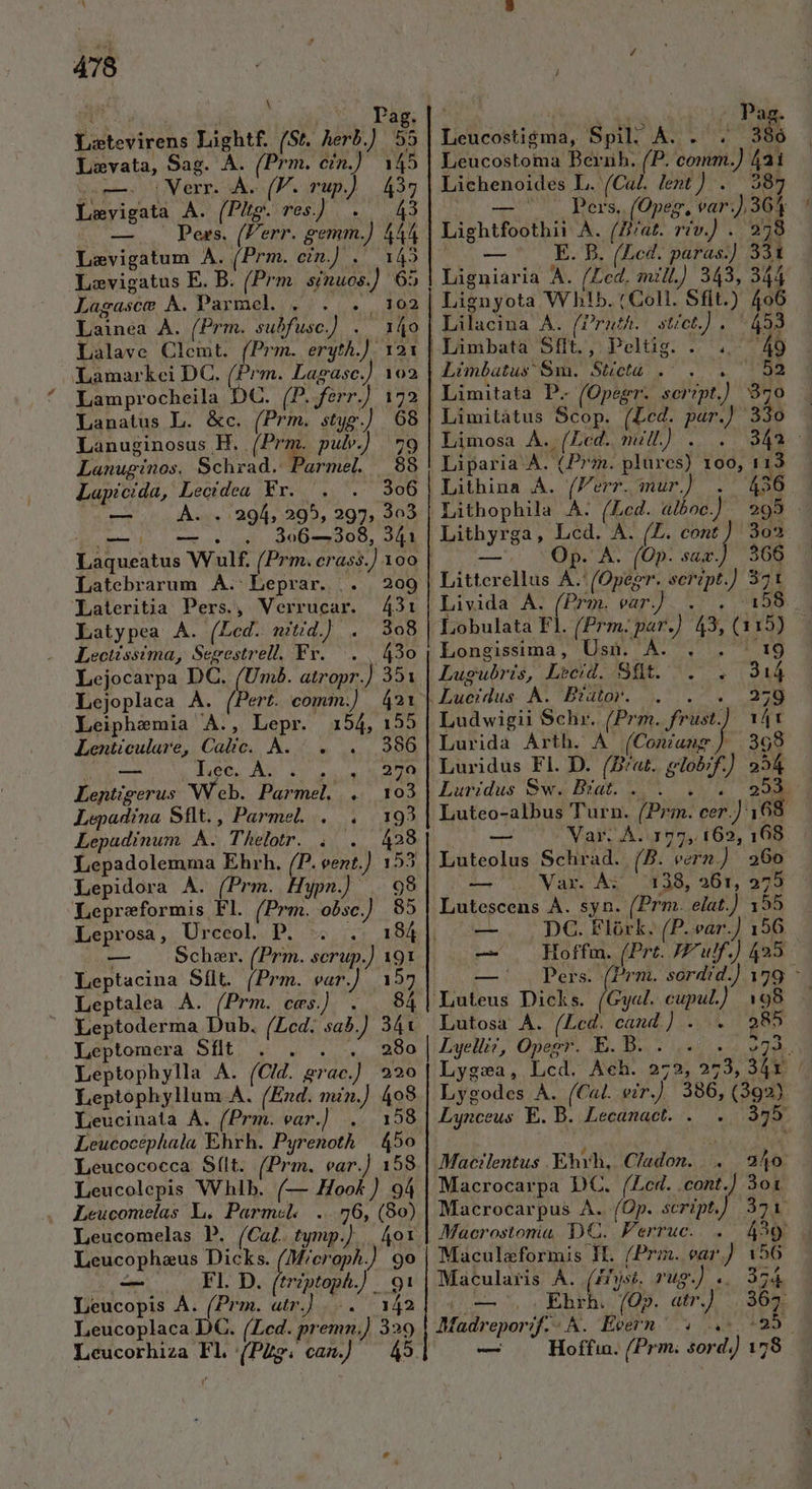 ART px PR Loetevirens Lightf. (St. herb.) 55 Lzvata, Sag. À. (Prm. cn.) 145 T Verr. À. (V. rup.) | 435 Levigata A. (Pitg. res.) |. 3 ; Pers. (Ferr. gemm.) 444 Levigatum A. (Prm. cin.) .' 145 Lovigatus E. B. (Prm. sinuos.] 65 — — Lagasce À. Parmel . . . 102 Lainea À. (Prm. subfusc.) . 14o Lamarkei DC. (Prm. Lagasc.) 102 Lamprocheila DC. (P..ferr.) 172 Lanatus L. &amp;c. (Prm. styg.) 68 Lanuginosus H. (Prm. pulv.] 79 Lanuginos. Schrad. Parmel. 988 Lapicida, Lectdea Er 306 À. . 294, 295, 297, 303 pe T ande muE Laqueatus Wulf. (Prm. crass.) 100 — Latebrarum A. Leprar. |. 209 YLateritia Pers., Verrucar. 431i Latypea À. (Led. mitid.) . 308 Lectissima, Segestrell. Fr... 430 Lejocarpa DC. (Um. atropr.) 351 Lejoplaca A. (Pert. comm.) 421 Leiphaemia A., Lepr. 154, 155 Lenticulare, Calic. A. . . 386 — |I NBI OUUL QUAPINANI NIC Leptzgerus Web. Parmel. . 103 Lepadina Sflt. , Parmel.... . 193 Lepadinum A. Thelotr. . 428 Lepadolemma Ehrh. (P. eent.) 153 Lepidora A. (Prm. Hypn. | 98 Lepreformis Fl. (Prm. obsc.) 85 Leprosa, Urceol. P. v :84 Scheer. (Prm. scrup.) 191 Leptacina Sflt. (Prm. var.) 157 Leptalea A. (Prm. ces.) . . 84 Leptoderma Dub. (Lcd. sab.) 341 Leptomera Sflt . . i, RO, Leptophylla A. (Cid. erac.) 220 Leptophyllum A. (Ezd. mzn.] 408 Leucinata À. (Prm. ear.] .. 158 Leucocephala Ehrh. Pyrenoth | 450 Leucococca Sílt. (Prm. ear.) 158 Leucolepis Whlb. (— Hook ) 94 Leucomelas L. Parmcel 56, (80) Leucomelas P. (CaL. tymp.) .. 401 Leucophaus Dicks. (M/croph.) 90 E Fl. D. (triptoph.) 91 Leucopis A. (Prm. atr.] 142 Leucoplaca DC. (Led. premn.) 329 — - : ———Ó M M M — m Pag. Leucostigma, Spil; À. . . 386 Leucostoma Bernh. (P. comm.) 431 Lichenoides L. (Ca£. lent) . 387 ! (— Pers. (Opeg, var], 363 Lightfoothii A. (Zi/at. riv.) . 258 E. B. (Lcd. paras] 33t Ligniaria A. (Lcd, mill.) 343, 344 Lignuyota VVh!b5. ( Coll. Sfit.) 406 453 [ — 52 370 ! 330 7 Limosa A. (Led. mill) . 343 - Liparia A. (Prm. plures) 100, 113 Lithina A. (err. mur.) . 43 Lithophila A. (Lcd. alboc.] 995 .- Lithyrga, Lcd. A. (L. cont ) 3o2 —' YOPS AD (Op. sad] 7508 Littcrellus À.'(Opegr. script.) 371 Livida A. (Prm. ear.) .. . 158 Lobulata Fl. (Prm. par.) 43, (115). — Longissiima, Usn. À. . . ' 19 Lugubris, Lecid. Sflt. . . 314 Lucidus. À. Biator. .. . . 259 Ludwigii Schr. (Prm. frust.) 14x Lurida Arth. A (Comiang) 399 Luridus Fl. D. (B/at. glob/f.) 254 Luridus Sw. :3  Li 7) 223. Luteo-albus Turn. (Prm. cer.) 168 Var. ÀA..327,162, 168 Luteolus Schrad. (B. eern.] 260 Vax. À; 138, 261, 275 Lutescens À. syn. (Prm. elat.) 155 | DC. Flork. (P. ear.) 156 Hoffm. (Prt. J^uf.) 425 Pers. (Prm. sordid.) 199 * Gyal. cupuL) 198.— Lutosa À. (Led. cand.] .... 285 Lyelli?, Opegr. E.B. . .. . | 273. Lygea, Lcd. Aeh..p75; 203, 9A 4 Lygodes À. (Cal. eir.) 386, (392) Lynceus E. B. Lecanact. . . 375. — — — e e— Macilentus Ehvh, Cladon. .. 240 Macrocarpa DC. (Lcd. .cont.] 3ot Macrocarpus A. (Op. script.]. 371 Macrostonia, DC. Ferruc.. .. 499 Macularis A. (£rjst. rüg.] .. 324 0. 0 EÉhrh. (Op. atr.) ||.367. Madreporif.. A. Eeern . 5 729 — Hoffia. /Prm. sord.) 178 —