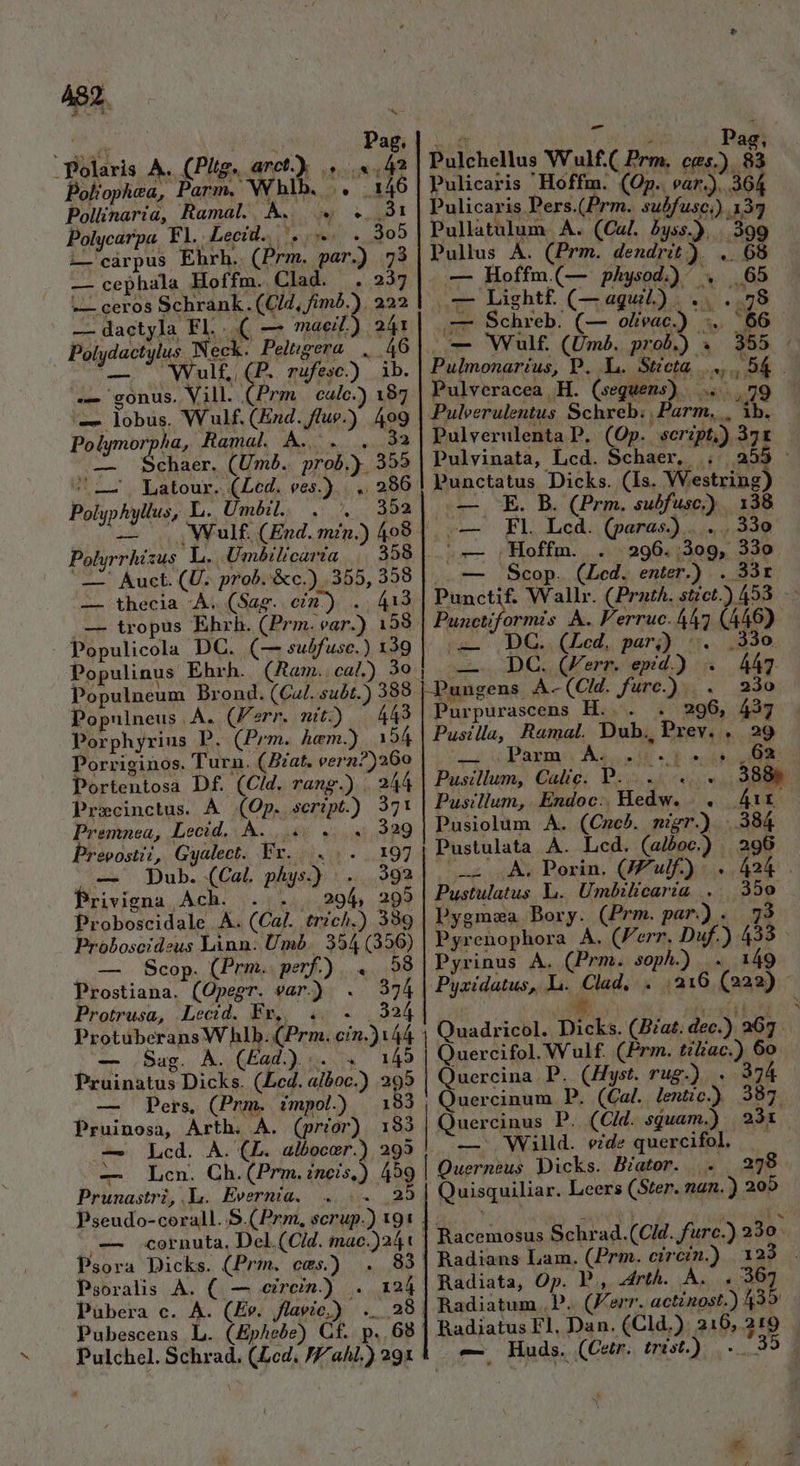 : à KO 1 Pag. Polaris A. (Pitg, arct.) |. «42 Poliophea, Parm. Whlb. |. 146 Pollinaria, Ramal. Ak. « . 31 Luoo L'cárpus Ehrh. (Prm. par.) 73 — cephala Hoffm. Clad. . 237 —— ceros Schrank. (C4, fim5.). 222 — dactyla El... ( — mae) 241 Polydactylus Neck. Pelngera . 46 — C NVulf, (P. nufesc.) |.ib. .— gonus. Vill. (Prm | cale.) 187 — lobus. Wulf. (End. flue.) 499 ;84 Polycarpa. Fl. Lecid. «e Polymorpha, Ramal À. . . (— —Schaer. (Umb. prob.). 355 LZ. Latour. (Led. ves)... .. 296 Polyphyllus, L. Umbil. o D -—. . Wulf. (End. min.) 409 Polyrrhizus L. Umbilicarta 358 — Auct. (U. prob. &amp;c.) .355, 358 — thecia -Á. (Sag. cin) . 413 — tropus Ehrh. (Prm. ear.) 158 . Populicola DC. (— subfusc.) 139 Populinus Ehrh. (am. cal.) 30 Populneum Brond. (Cul. subt.) 388 Popnlneus A. (err. mit.) 443 Porphyrius P. (Prm. hem.) 154 Porriginos. Turn. (Bat. vern?)260 Portentosa Df. (Cd. rang.) . 24 Precinctus. À (Op. script.) 371 Premnea, Lecid. À&amp;. 4... 4,329 revostii, Gyalect. Yr... /. 197 Dub. (Cal. phys.) 392 Privigna Ach. . . | 294 295 Proboscidale A. (Cal. trich.) 339 Proboscideus Linn. Umb. 354 (356) —. Scop. (Prm.. perf.) ... 58 Prostiana. (Opegr. var.) 374 Protrusa, Lecid. Ev, . . . 32 — (Sag. À. (Ead) i... 149 Pruinatus Dicks. (Led. alboc.) 295 Pers, (Prm. impol.) 193 Pruinosa, Arth. À. (przor) 185 — Lcd. A. (E. albocer.) 295 — Lcn. Ch.(Prm.incis,) 459 Prunastri,.L. Evernia. 25 Pseudo-corall..S.(Prm, scrup.) 191 — Psora Dicks. (Prm. cms.) 83 Psoralis A. (. — eircin) . 124 Pubera c. A. (£e. flaeie,) .. 28 Pubescens L. (Ephebe) Cf. p. 68. Pulchel. Schrad. (Lcd. J//ahl.) 29x m | wi Paese, Pulchellus Wul£.( Prm. ces.) e | Pulicaris 'Hóffm. (Op. Par. ). oí Pulicaris Pers.(Prm. subfusc)) 137 Pulls A. (Cal. byss.)...399 Pullus À. (Prm. dendrit). .. 68 &amp; » — v3 [me 3 ^ i-i *u [s] y V - Q2 [2 Q — gParm A4. 4p Pusillum, Calice. B... . Pusillum,. Endoc:, Hedw. |. 41t Pusiolum A. (C»c^. migr.) ..384 Pustulata A. Lcd. (aiboc.) | 296 zo qÀs Borin. (S ulf.y «aas . Pustulatus 1... Umbilicaría . 350 Pygmaa Bory. (Prm. par.) . 73 Pyrenophora A. (Ferr. Duf.) 433 Pyrinus A. (Prm. soph.) . 149 Pyxidatus, L. Clad, ,216 (222) ^ 3 Quadricol. Dicks. (Za. dec.) 267. Quercifol. V ulf. (Prm. tiliac.) 60 Quercina P. (Hyst. rug.) . 374 | Quercinum P. (Cal. lentic)) 387 Quercinus P. (Cid. squam.) 294. — Willd. eide quercifol. —— | Querneus Dicks. AB/ator. .. 278 Quisquiliar. Leers (Ster. nan.) 205 Racemosus Schrad.(Cid. furc.) 23o. Radians Lam. (Prm. circin.) 123 . Radiata, Op. P, drth. A. . 367 Radiatus Fl, Dan. (Cld.). 216, 219 2c. Huds. (Cer. trist.) . 35 T ^