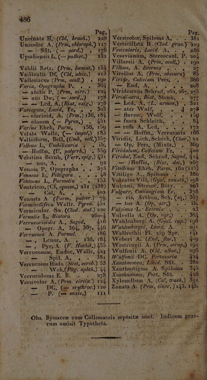 Uuciüüta: H.- T7 A brach.) 328. Vitel? A, (Prim, DE 117 US75ns(- sórd.) 196. Upsiliensis Lb. (— pati rogo Vahlii Réizs (Prm, Jiemiat,) 154. Vaillantii Df, (Cid, od 7913 | Vallesiacus (Prm, ocell) | « 199, Varia, Opegrapha P... 4. |. 9011. | abilis D. (Prem, eiTe.) x24 C ans Dw, ( —:sord,, ). 178 C e Lcd, A; (Biat, eig DI 9279 | Variegata, Zecid, Fr, ^, 393] ^-- olarioid, À, Pot): 156 184 e olosum (— Pyreisd e UE Varius Ehrh, Parm, :156, 159 Velata WVallr, (— zm, pol.) Velleiform, Bell, (Um2, - 911357 Velleus. L,' Umbilicaria |, | 4 à, — .Hoffm, (U, polyrrh,) '. 359 Nelutina :Bernh, (err. pig.) R91 Cl Bus AT D DUE Venosa P, Opegrapha 4. go Fenosus d, Peltigerü . ^. 4 49 Ventosus L, Parmelià .. 4, 193 | Ventricos, (Cl, squam,). 331 (i20) EUIS ns. Venusta A. (Parm. pulver-)  ^x Vermicellifera N'alr.' Pyren. 451 XVermicular. :Sw. (Clad. stat.) 220- Vernalis Y, Biatora 260-4 | Verrucarioides À., Saped, 416 -—'Opegr. A. 364, 367, ^48 Verrucosa A. Parmel.. ' v, Lcnor, Kor qug? bo A Pyr; 2. RE 6 25 -Hochst,) 455 eu—À jbeu unt Endoc, Wallr, 42I Spi. ÀÁ, 381 gU -— W cb.(Pitg. Verruculosus. E. B. ^o -—— i ap.) 44 BE Ce n 73 OP. (— saaíc,) 3 rum omisit Typotheta. n Sl abused ls - Versicolor, Spiloma A. Vérticillatà 'H. (C/ad. raoy 3216 286 Vesuvianum, Stereocaul, P. 204 Biat, Stenh, $75 Firidul, End, Schrad, etie 414 — jHoffm, (Brat, Fitellihus Ehrh. Parm, 162 (1 15 Vitilieo -À. , Spiloma - /880 Volvatus Vill, (Gyal,. exantà,) 198 Vulcani, Stercoc, Bóry. '.' 303 Vulgare,. Contangium da 358 Villarsii A, (Prm, ocell) . 199 ; Villosa, A. Evernia ,. . , Virellus A, (Prm, cobscura) E: i F'iride, 'Calictum as m ag - — End, A. S EUN Dui | — Lcd; S. CL. armen,) - I rate WIE ES 4 . 258 2 fltavesc; Wulf . 35g — fusca Schleich, NE Eo ON o rufa A, Lcd, eene. - -— Hoffm,, A ort aat 166 Viridis, Lich, (Schreb, Cra xx — Op. Pers, (Mixta) . 369 - Viridulum, Cafícium Fx, oa |. — tus Á. (Op.:atr) -- Vulpinus *L.: Eegenim ^. jx Vulvella A; Cor. VON) S e Wahlenberg gi eA (Gyal. APT 196 W'ahlenhergat , Bord: Às 291 Wallrothii : Fl. 259'Spr. . 14x Weberi A. MEM Je . 49. Westringii. A. (Prm, Ed. 191. Wulfenii A. (CH. 'alboc,) . 296 W^ ulfenit - «De. Pertusaria. B | Xanthocotca; Lecid. Sit... 386 | Xanthostigma A. Spiloma 345 8 | Xanthostoma, Pert, Sft. — . 426 j