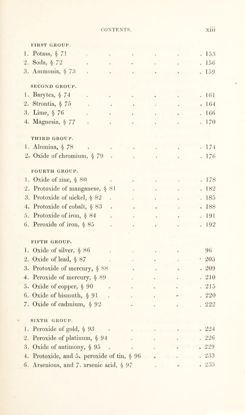 FIRST GROUP. 1. Potass, § 71 a * . 153 2. Soda, § 72 • a . 156 3. Ammonia, § 73 9 © . 159 SECOND GROUP, 1. Barytes, § 74 o 0 . 161 2. Strontia, § 75 6 ® . 164 3, Lime, § 76 « . 166 4. Magnesia, §77 O 0 . 170 THIRD GROUP. 1. Alumina, § 78 . . . a a * 174 2. Oxide of chromium, §79 9 9 . 176 FOURTH GROUP. 1. Oxide of zinc, § 80 . » . 178 2. Protoxide of manganese, § 81 9 « . 182 3. Protoxide of nickel, § 82 a . 185 4, Protoxide of cobalt, § 83 9 , . 188 5. Protoxide of iron, § 84 e . 191 6. Peroxide of iron, § 85 , . . . ,192 FIFTH GROUP, 1. Oxide of silver, § 86 2. Oxide of lead, § 87 3. Protoxide of mercury, § 88 4. Peroxide of mercury, § 89 5. Oxide of copper, § 90 6. Oxide of bismuth, § 91 7. Oxide of cadmium, § 92 96 • 203 . 209 . 210 . 215 . 220 . 222 SIXTH GROUP. 1. Peroxide of gold, § 93 • . 224 2. Peroxide of platinum, § 94 , . 226 3. Oxide of antimony, § 95 9 a 229 4. Protoxide, and 5. peroxide of tin, § 96 * . 233 6. Arsenious, and 7. arsenic acid, § 97 . 235