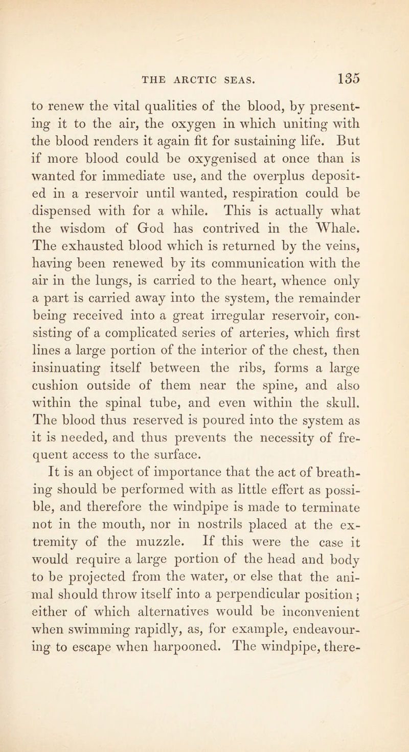 to renew the vital qualities of the blood, by present- ing it to the air, the oxygen in which uniting with the blood renders it again fit for sustaining life. But if more blood could be oxygenised at once than is wanted for immediate use, and the overplus deposit- ed in a reservoir until wanted, respiration could be dispensed with for a while. This is actually what the wisdom of God has contrived in the Whale. The exhausted blood which is returned by the veins, having been renewed by its communication with the air in the lungs, is carried to the heart, whence only a part is carried away into the system, the remainder being received into a great irregular reservoir, con- sisting of a complicated series of arteries, which first lines a large portion of the interior of the chest, then insinuating itself between the ribs, forms a large cushion outside of them near the spine, and also within the spinal tube, and even within the skull. The blood thus reserved is poured into the system as it is needed, and thus prevents the necessity of fre- quent access to the surface. It is an object of importance that the act of breath- ing should be performed with as little effort as possi- ble, and therefore the windpipe is made to terminate not in the mouth, nor in nostrils placed at the ex- tremity of the muzzle. If this were the case it would require a large portion of the head and body to be projected from the water, or else that the ani- mal should throw itself into a perpendicular position ; either of which alternatives would be inconvenient when swimming rapidly, as, for example, endeavour- ing to escape when harpooned. The windpipe, there-