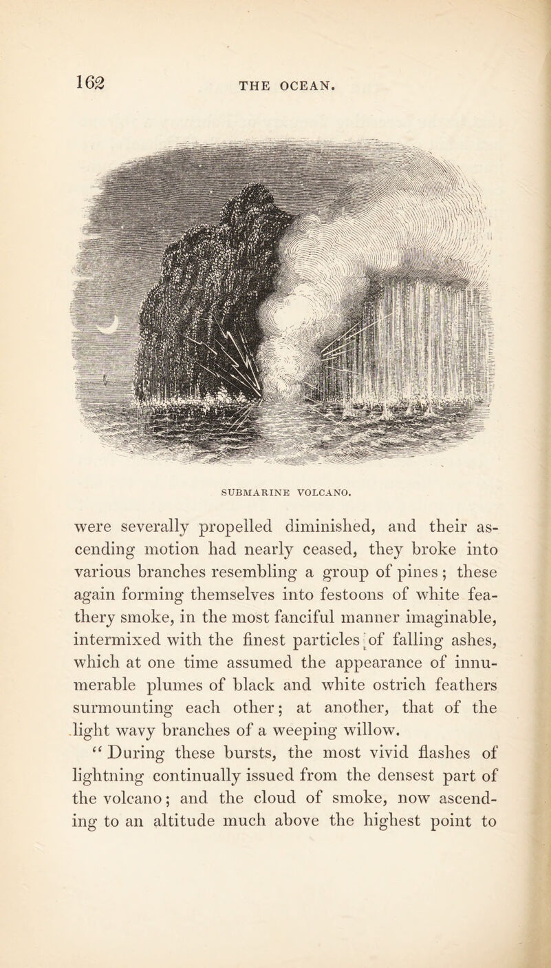 SUBMARINE VOLCANO. were severally propelled diminished, and their as- cending motion had nearly ceased, they broke into various branches resembling a group of pines ; these again forming themselves into festoons of white fea- thery smoke, in the most fanciful manner imaginable, intermixed with the finest particles ■ of falling ashes, which at one time assumed the appearance of innu- merable plumes of black and white ostrich feathers surmounting each other; at another, that of the light wavy branches of a weeping willow. “ During these bursts, the most vivid flashes of lightning continually issued from the densest part of the volcano; and the cloud of smoke, now ascend- ing to an altitude much above the highest point to