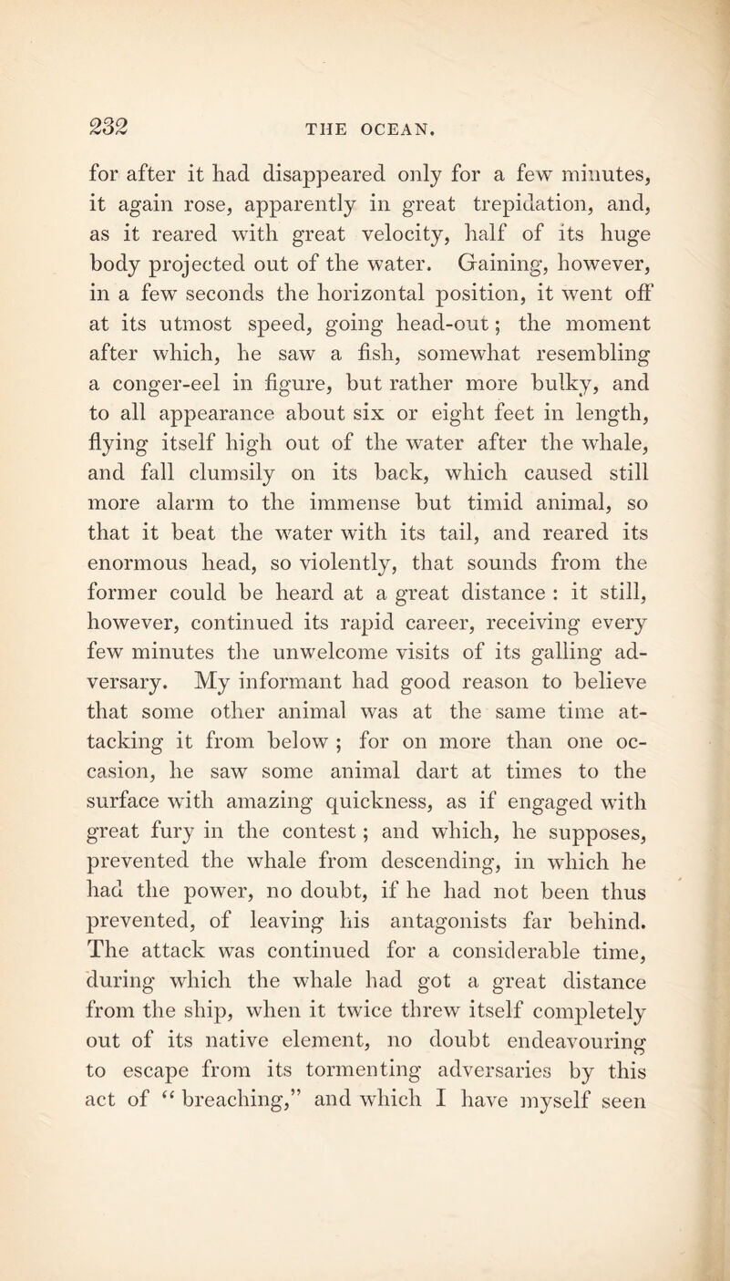 for after it had disappeared only for a few minutes, it again rose, apparently in great trepidation, and, as it reared with great velocity, half of its huge body projected out of the water. Gaining, however, in a few seconds the horizontal position, it went off at its utmost speed, going head-out; the moment after which, he saw a fish, somewhat resembling a conger-eel in figure, but rather more bulky, and to all appearance about six or eight feet in length, flying itself high out of the water after the whale, and fall clumsily on its back, which caused still more alarm to the immense but timid animal, so that it beat the water with its tail, and reared its enormous head, so violently, that sounds from the former could be heard at a great distance : it still, however, continued its rapid career, receiving every few minutes the unwelcome visits of its galling ad- versary. My informant had good reason to believe that some other animal was at the same time at- tacking it from below ; for on more than one oc- casion, he saw some animal dart at times to the surface with amazing quickness, as if engaged with great fury in the contest; and which, he supposes, prevented the whale from descending, in which he had the power, no doubt, if he had not been thus prevented, of leaving his antagonists far behind. The attack was continued for a considerable time, during which the whale had got a great distance from the ship, when it twice threw itself completely out of its native element, no doubt endeavouring to escape from its tormenting adversaries by this act of “ breaching,” and which I have myself seen