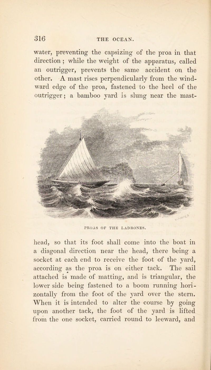 head, so that its foot shall come into the boat in a diagonal direction near the head, there being a socket at each end to receive the foot of the yard, according as the proa is on either tack. The sail attached is made of matting, and is triangular, the lower side being fastened to a boom running hori- zontally from the foot of the yard over the stern. When it is intended to alter the course by going upon another tack, the foot of the yard is lifted from the one socket, carried round to leeward, and water, preventing the capsizing of the proa in that direction ; while the weight of the apparatus, called an outrigger, prevents the same accident on the other. A mast rises perpendicularly from the wind- ward edge of the proa, fastened to the heel of the outrigger; a bamboo yard is slung near the mast- PROAS OF THE LADRONES.