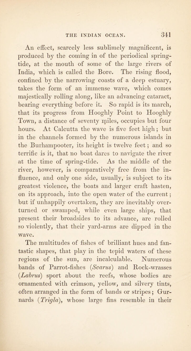 An effect, scarcely less sublimely magnificent, is produced by the coming in of the periodical spring- tide, at the mouth of some of the large rivers of India, which is called the Bore. The rising flood, confined by the narrowing coasts of a deep estuary, takes the form of an immense wave, which comes majestically rolling along, like an advancing cataract, bearing everything before it. So rapid is its march, that its progress from Hooghly Point to Hooghly Town, a distance of seventy miles, occupies but four hours. At Calcutta the wave is five feet high; but in the channels formed by the numerous islands in the Burhampooter, its height is twelve feet; and so terrific is it, that no boat dares to navigate the river at the time of spring-tide. As the middle of the river, however, is comparatively free from the in- fluence, and only one side, usually, is subject to its greatest violence, the boats and larger craft hasten, on its approach, into the open water of the current; but if unhappily overtaken, they are inevitably over- turned or swamped, while even large ships, that present their broadsides to its advance, are rolled so violently, that their yard-arms are dipped in the wave. The multitudes of fishes of brilliant hues and fan- tastic shapes, that play in the tepid waters of these regions of the sun, are incalculable. Numerous bands of Parrot-fishes (Scarus) and Rock-wrasses (Labrus) sport about the reefs, whose bodies are ornamented with crimson, yellow, and silvery tints, often arranged in the form of bands or stripes; Gur- nards (Trigla), whose large fins resemble in their