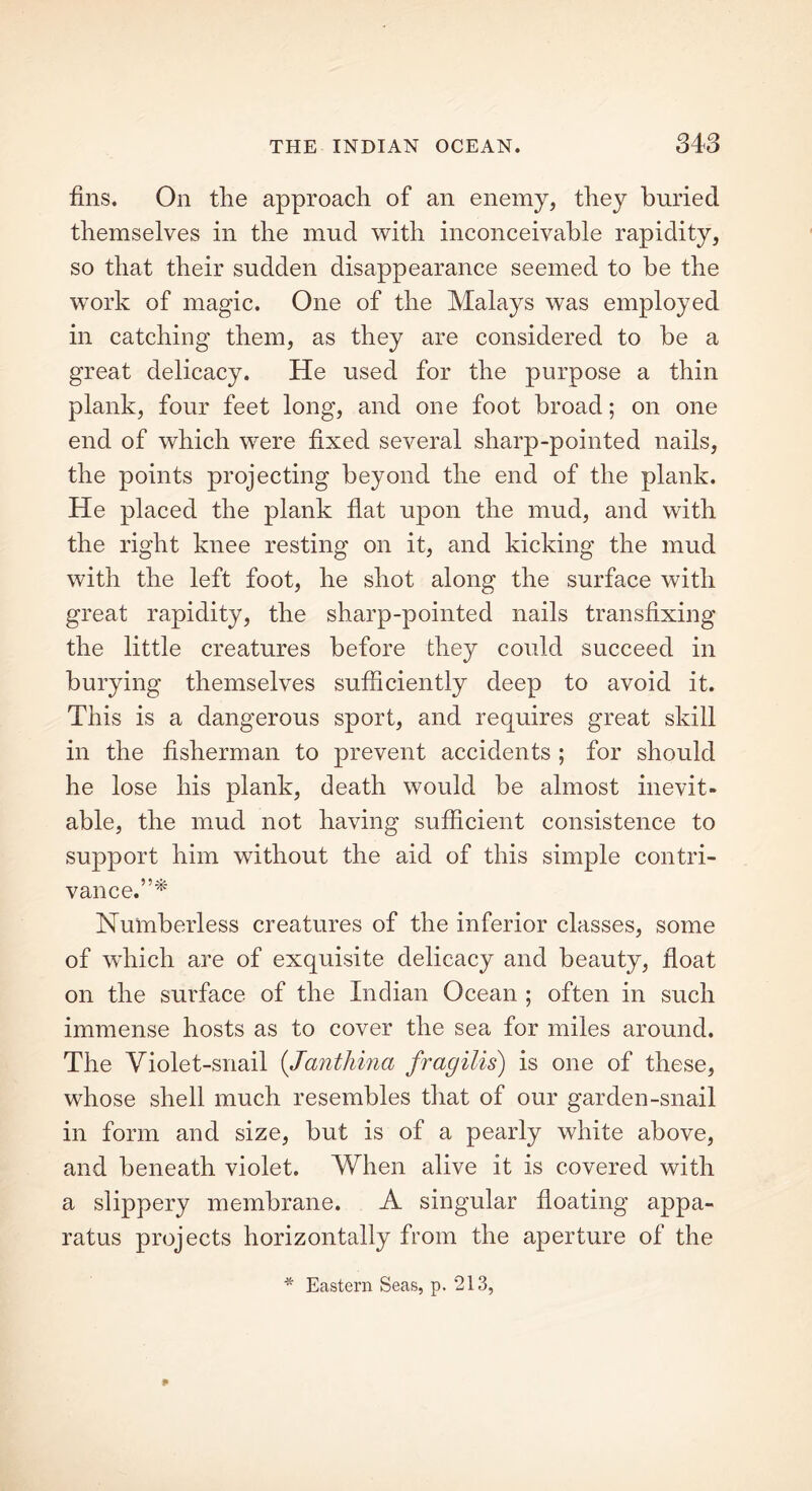 fins. On the approach of an enemy, they buried themselves in the mud with inconceivable rapidity, so that their sudden disappearance seemed to be the work of magic. One of the Malays was employed in catching them, as they are considered to he a great delicacy. He used for the purpose a thin plank, four feet long, and one foot broad; on one end of which were fixed several sharp-pointed nails, the points projecting beyond the end of the plank. He placed the plank flat upon the mud, and with the right knee resting on it, and kicking the mud with the left foot, he shot along the surface with great rapidity, the sharp-pointed nails transfixing the little creatures before they could succeed in burying themselves sufficiently deep to avoid it. This is a dangerous sport, and requires great skill in the fisherman to prevent accidents ; for should he lose his plank, death would be almost inevit- able, the mud not having sufficient consistence to support him without the aid of this simple contri- vance.”* Numberless creatures of the inferior classes, some of which are of exquisite delicacy and beauty, float on the surface of the Indian Ocean ; often in such immense hosts as to cover the sea for miles around. The Violet-snail (Jantliina fragilis) is one of these, whose shell much resembles that of our garden-snail in form and size, but is of a pearly white above, and beneath violet. When alive it is covered with a slippery membrane. A singular floating appa- ratus projects horizontally from the aperture of the * Eastern Seas, p. 213,