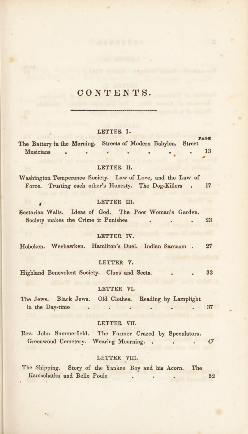 CONTENTS. LETTER I. The Battery in the Morning. Streets of Modern Babylon. Street Musicians ...... PAGE 13 LETTER II. Washington Temperance Society. Law of Love, and the Law of Force. Trusting each other’s Honesty. The Dog-Killers . 17 , LETTER III. Sectarian Walls. Ideas of God. The Poor Woman’s Garden. Society makes the Crime it Punishes . . . 23 LETTER IY. Hoboken. Weehawken. Hamilton’s Duel. Indian Sarcasm . 27 LETTER V. Highland Benevolent Society. Clans and Sects. 33 LETTER YI. The Jews. Black Jews. Old Clothes. Reading by Lamplight in the Day-time ...... 37 LETTER VII. Rev, John Summerfield. The Farmer Crazed by Speculators. Greenwood Cemetery. Wearing Mourning. . . .47 LETTER VIII. The Shipping. Story of the Yankee Boy and his Acorn. Kamschatka and Belle Poule The 52