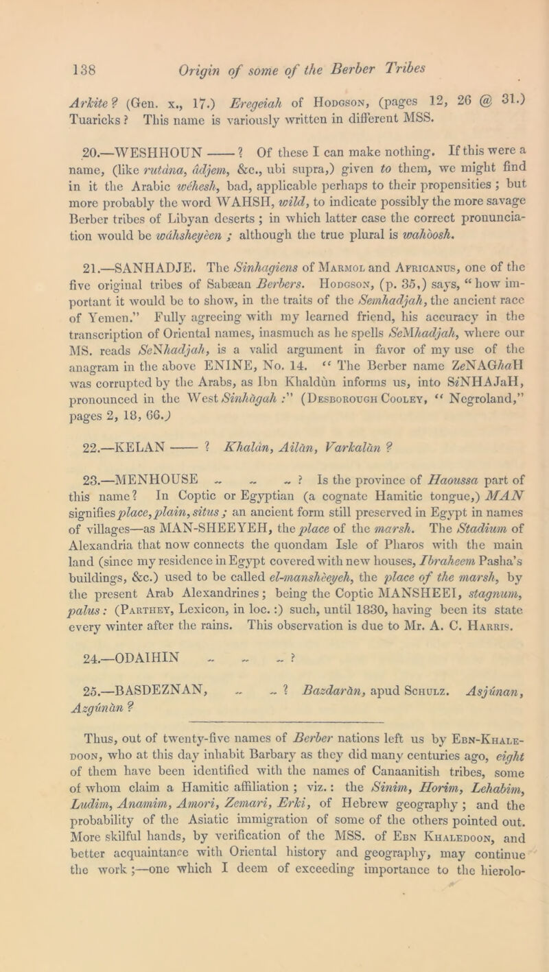 Arbiter (Gen. x., 17.) Eregeiah of Hodgson, (pages 12, 2G @ 31.) Tuaricks ? This name is variously written in different MSS. 20. —WESHHOUN ? Of these I can make nothing. If this were a name, (like rutdna, ddjem, &c., ubi supra,) given to them, we might find in it the Arabic wehesh, bad, applicable perhaps to their propensities ; but more probably the word WAHSII, wild, to indicate possibly the more savage Berber tribes of Libyan deserts ; in which latter case the correct pronuncia- tion would be wahsheyeen ; although the true plural is wahbosh. 21. —SANIIADJE. The Sinhagiens of Marmol and Afriganus, one of the five original tribes of Sabsean Berbers. Hodgson, (p. 35,) says, “how im- portant it would be to show, in the traits of the Semhadjah, the ancient race of Yemen.” Fully agreeing with my learned friend, his accuracy in the transcription of Oriental names, inasmuch as he spells SeMhadjah, where our MS. reads Semhadjah, is a valid argument in favor of my use of the anagram in the above ENINE, No. 14. “ The Berber name ZcNAG/mll was corrupted by the Arabs, as Ibn Khaldun informs us, into S^NHAJail, pronounced in the West Sinhdgah (Desborough Cooley, “ Negroland,” pages 2, 18, GGJ 22. —KELAN ? Khaldn, Allan, Varkalan ? 23. —MENHOUSE ~ ~ ~ ? Is the province of Haoussci part of this name? In Coptic or Egyptian (a cognate Hamitic tongue,) MAN signifies place, plain, situs ; an ancient form still preserved in Egypt in names of villages—as MAN-SI1EEYEH, the place of the marsh. The Stadium of Alexandria that now connects the quondam Isle of Pharos with the main land (since my residence in Egypt covered with new houses, Ibraheem Pasha’s buildings, &c.) used to be called el-mansheeyeh, the place of the marsh, by the present Arab Alexandrines; being the Coptic MANSHEEI, stagnum, palus: (Parthey, Lexicon, in loc.:) such, until 1830, having been its state every winter after the rains. This observation is due to Mr. A. C. Harris. 24. —ODAIIIIN ~ ~ „ ? 25. —BASDEZNAN, ~ ~ ? Bazdarhn, apud Schulz. Asjunan, Azgunan ? Thus, out of twenty-five names of Berber nations left us by Ebn-Khai.e- doon, who at this day inhabit Barbarv as they did many centuries ago, eight of them have been identified with the names of Canaanitish tribes, some of whom claim a Hamitic affiliation ; viz.: the Sinim, Horim, Lehabim, Ludim, Anamim, Amori, Zemari, ErJci, of Hebrew geography ; and the probability of the Asiatic immigration of some of the others pointed out. More skilful hands, by verification of the MSS. of Ebn Khaledoon, and better acquaintance with Oriental history and geography, may continue the work ;—one which I deem of exceeding importance to the hierolo-